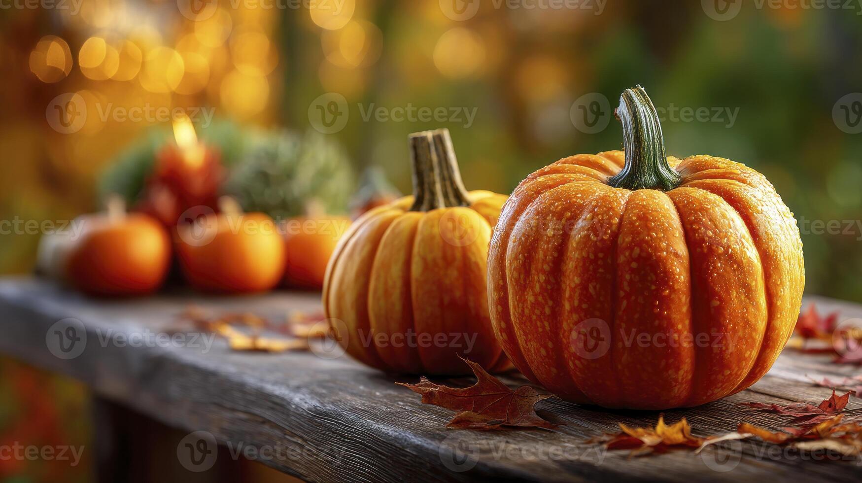 Pumpkins on Wooden Table with Autumn Leaves and Bokeh Background photo