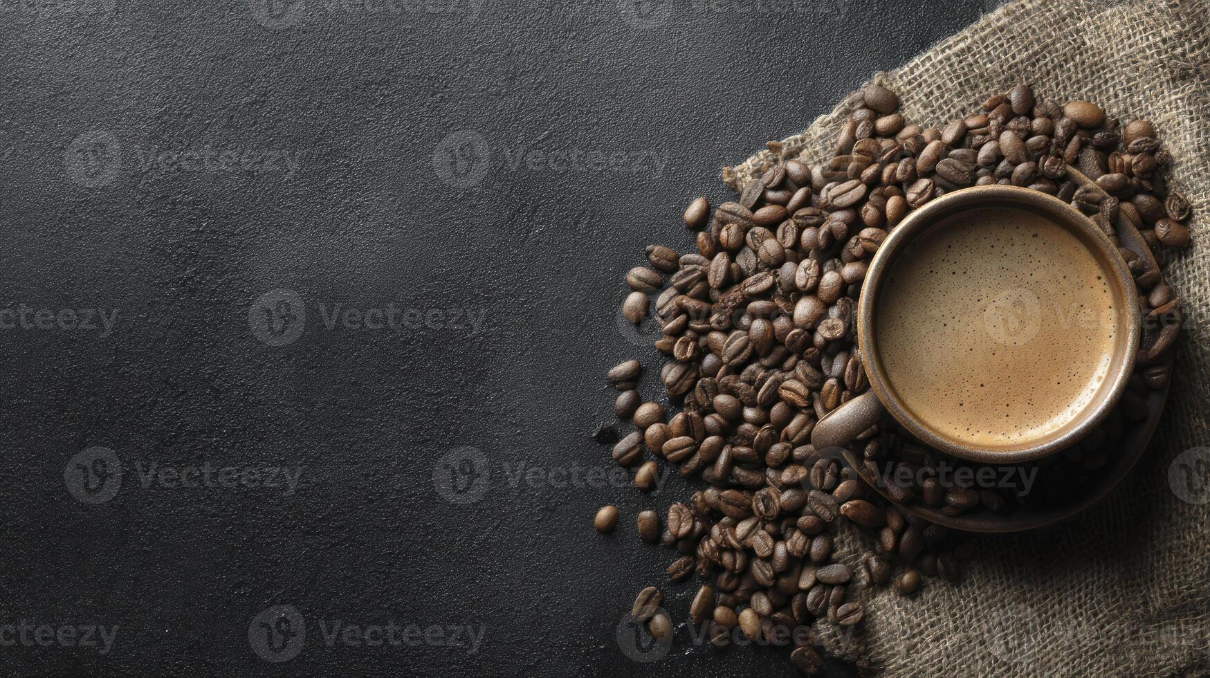 Enjoying Coffee Cup with Beans on Black Background with Burlap photo