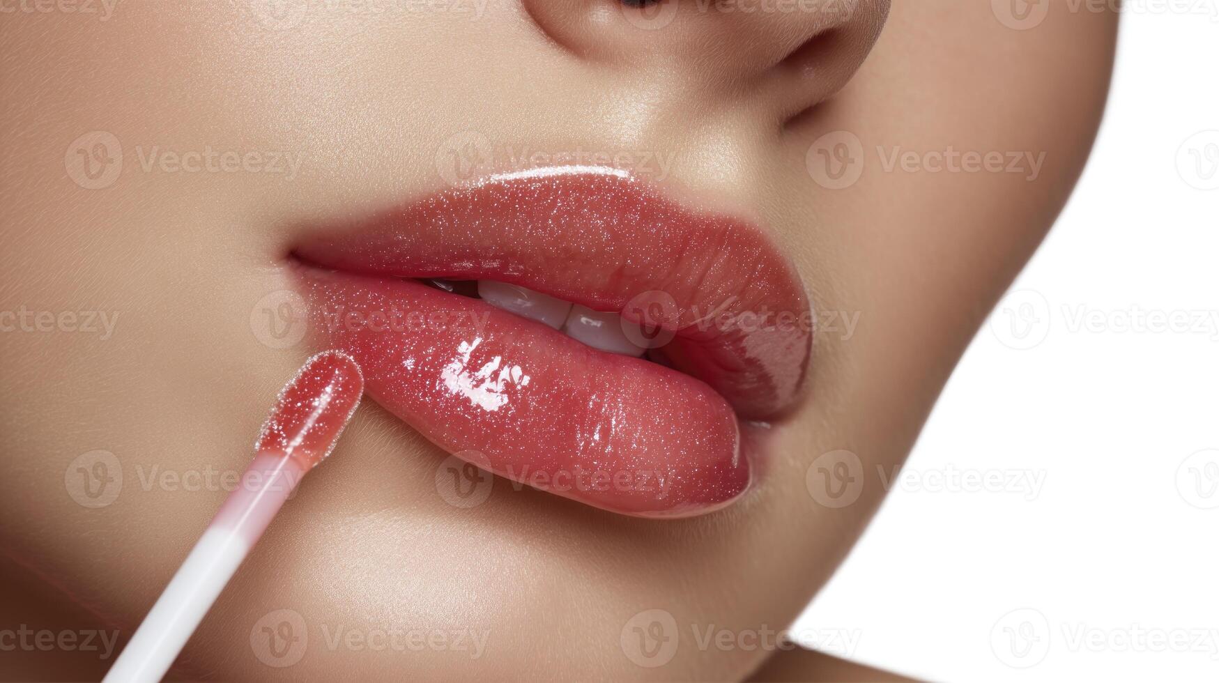 Applying Glossy Lip Gloss to Lips for Beauty and Makeup photo