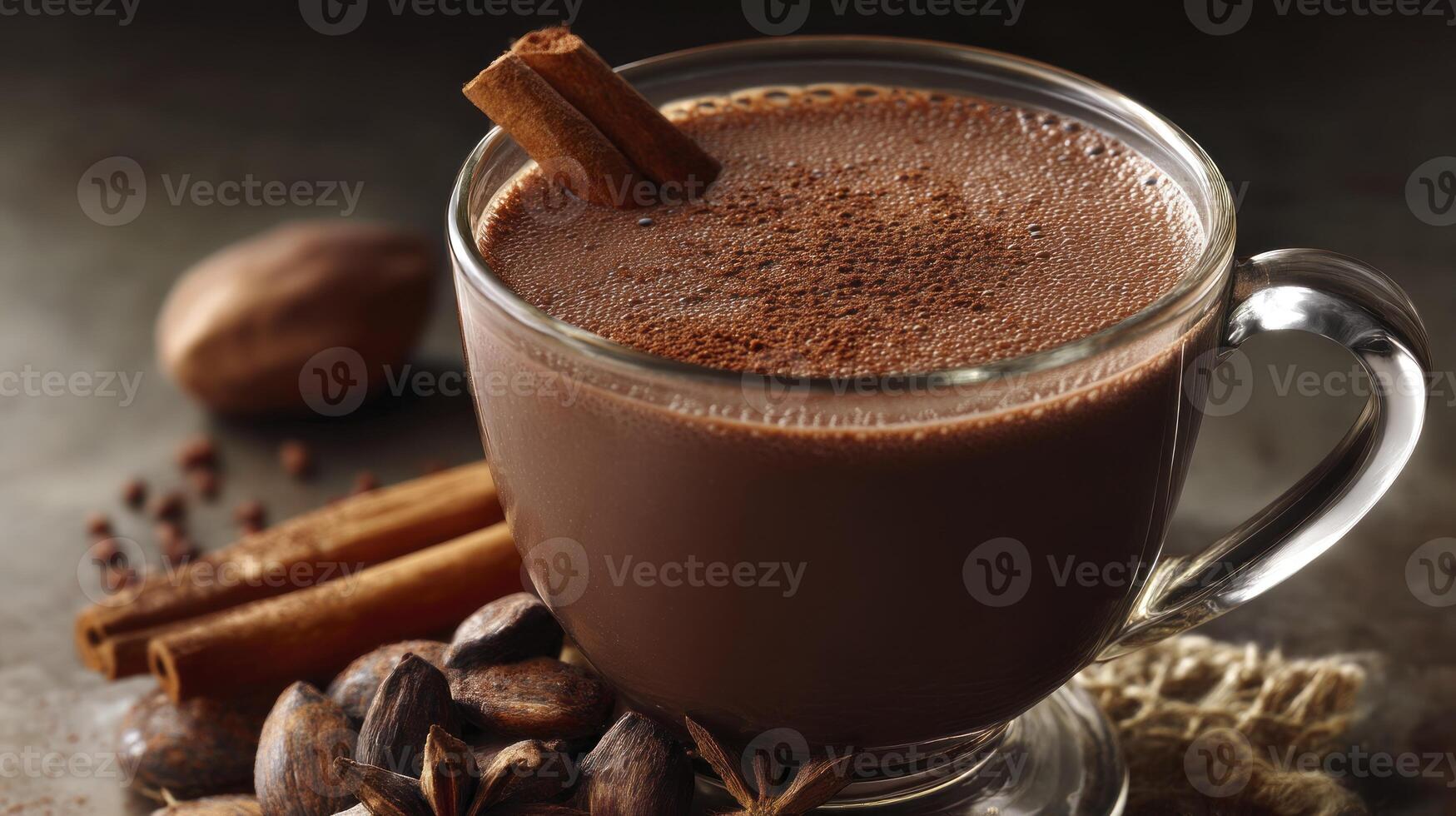 Enjoying Hot Chocolate Drink with Cinnamon and Spices on Rustic Surface photo