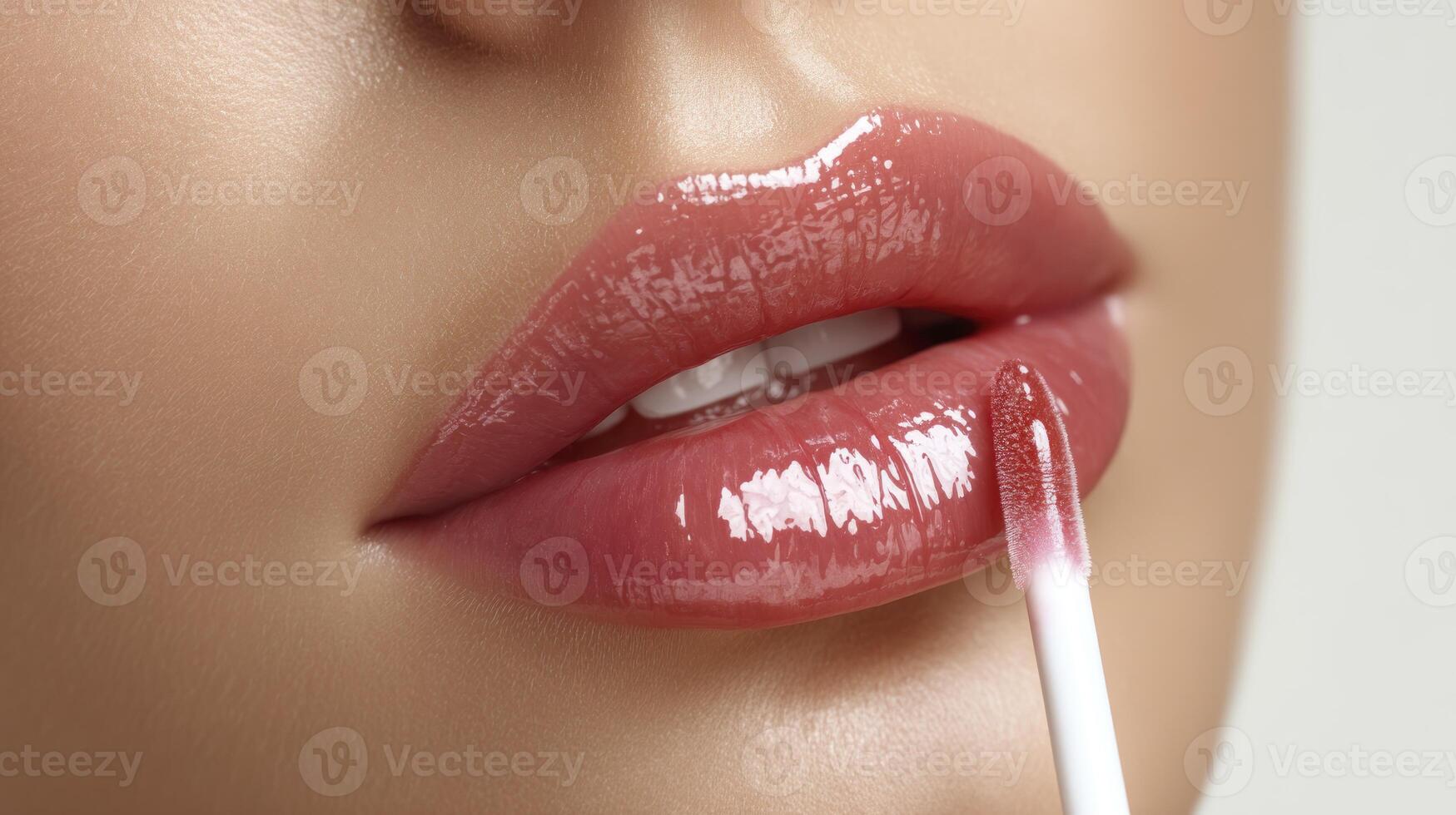 Applying Glossy Lip Gloss for Perfect Makeup Look with a Wand photo