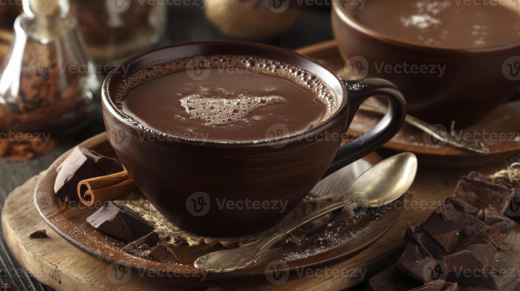 Enjoying Hot Chocolate Drink with Chocolate Chunks and Cinnamon Stick photo