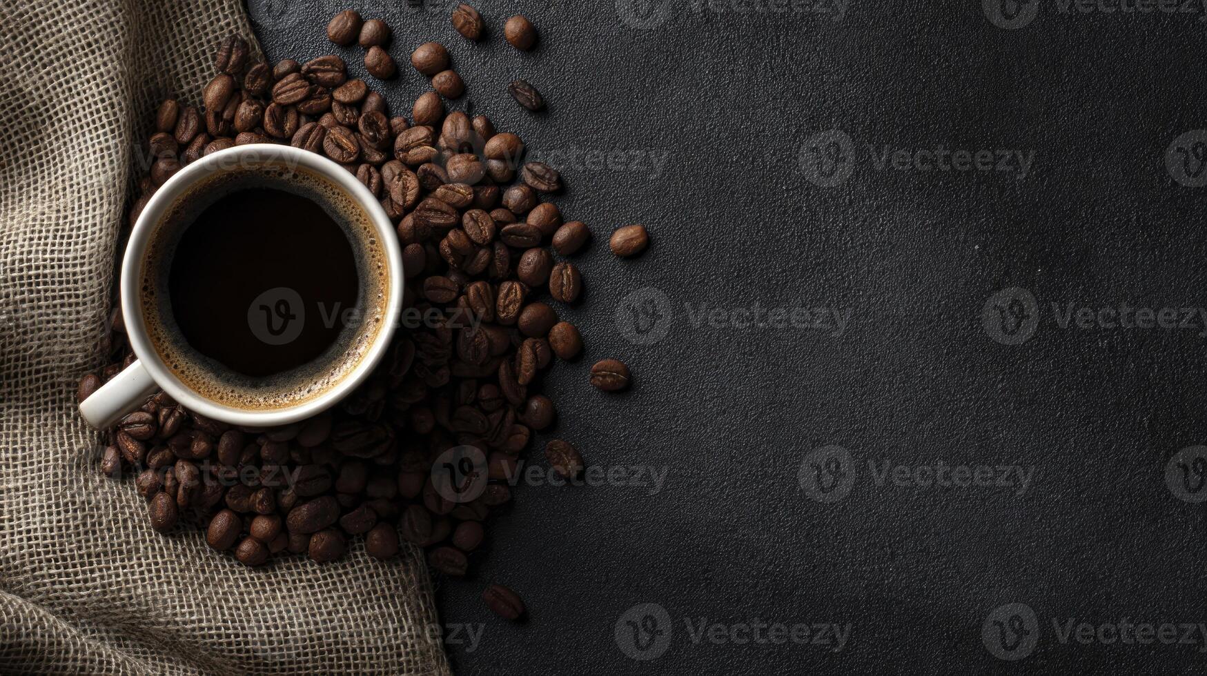 Coffee Cup Still Life with Beans and Burlap on Dark Surface photo