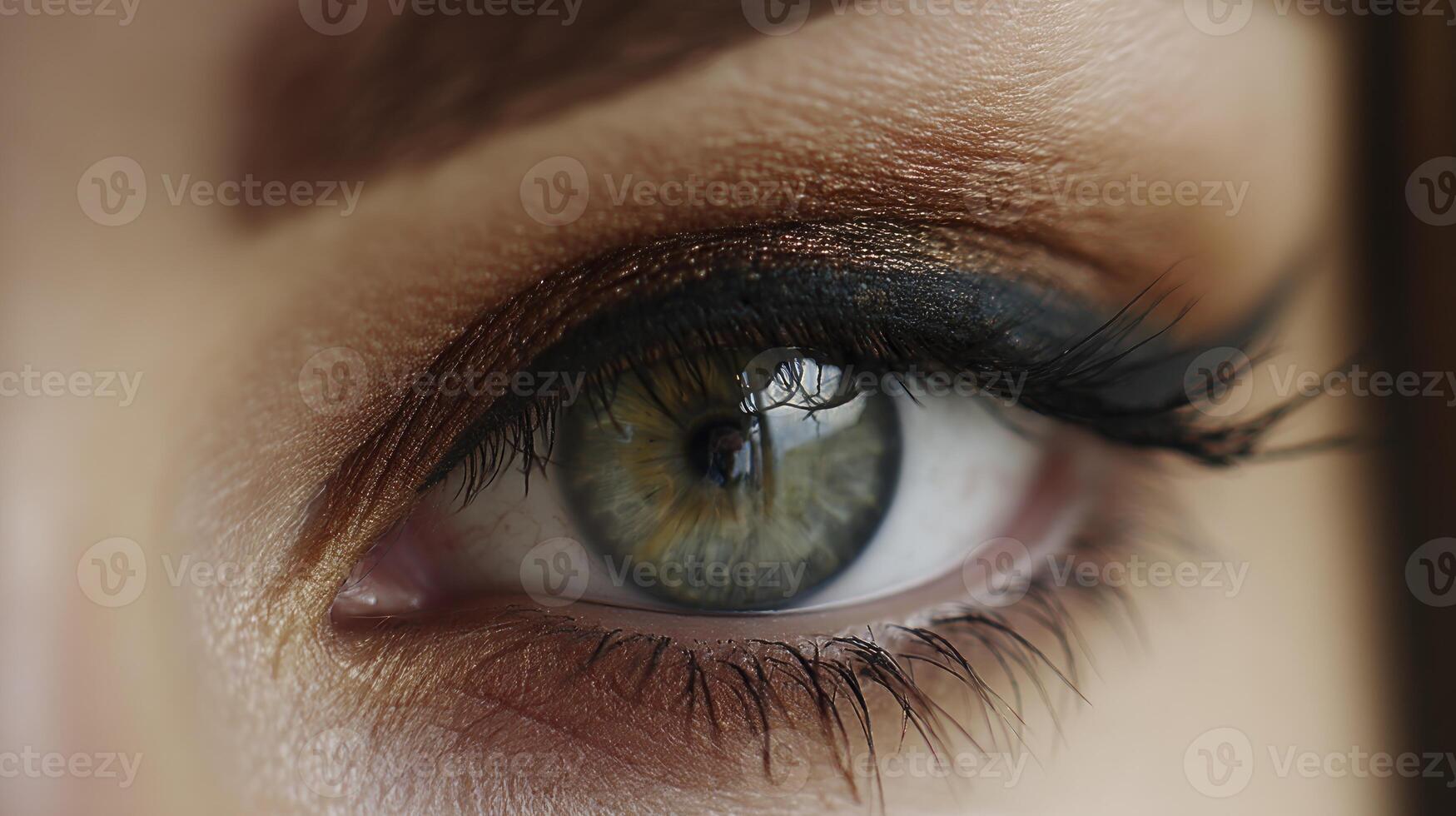 Close-up of Green Eye with Eyeliner and Brown Eyeshadow Makeup photo