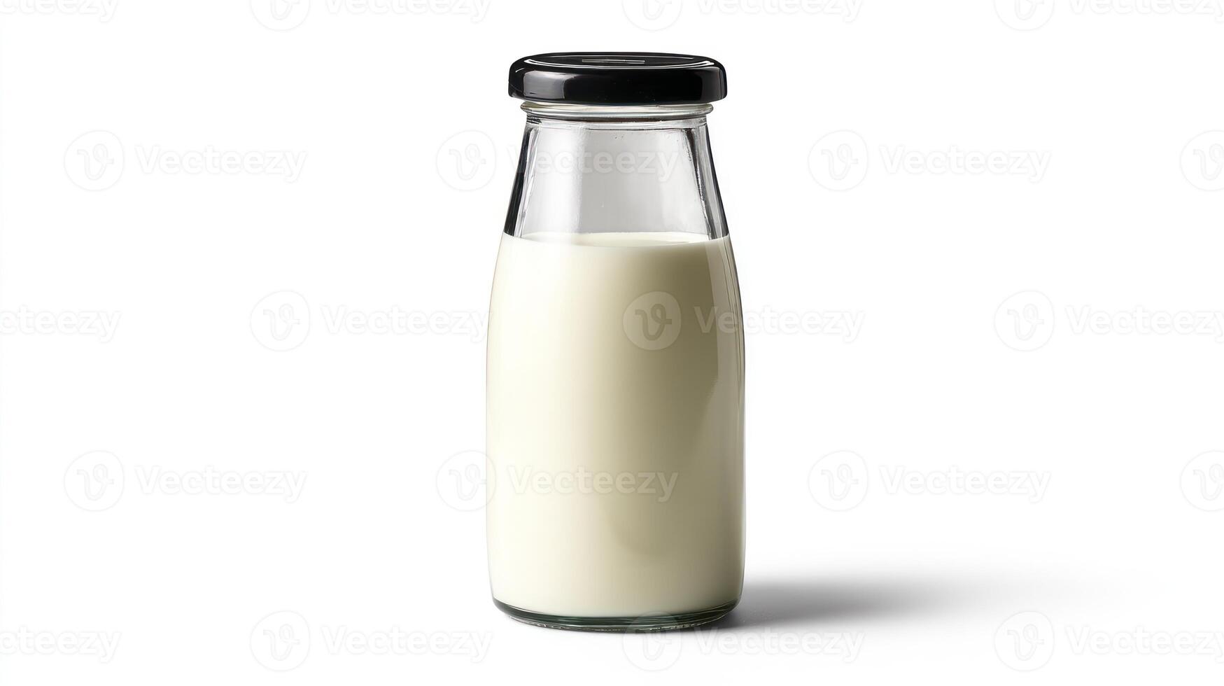 Fresh Milk in Glass Bottle Still Life with Black Cap photo
