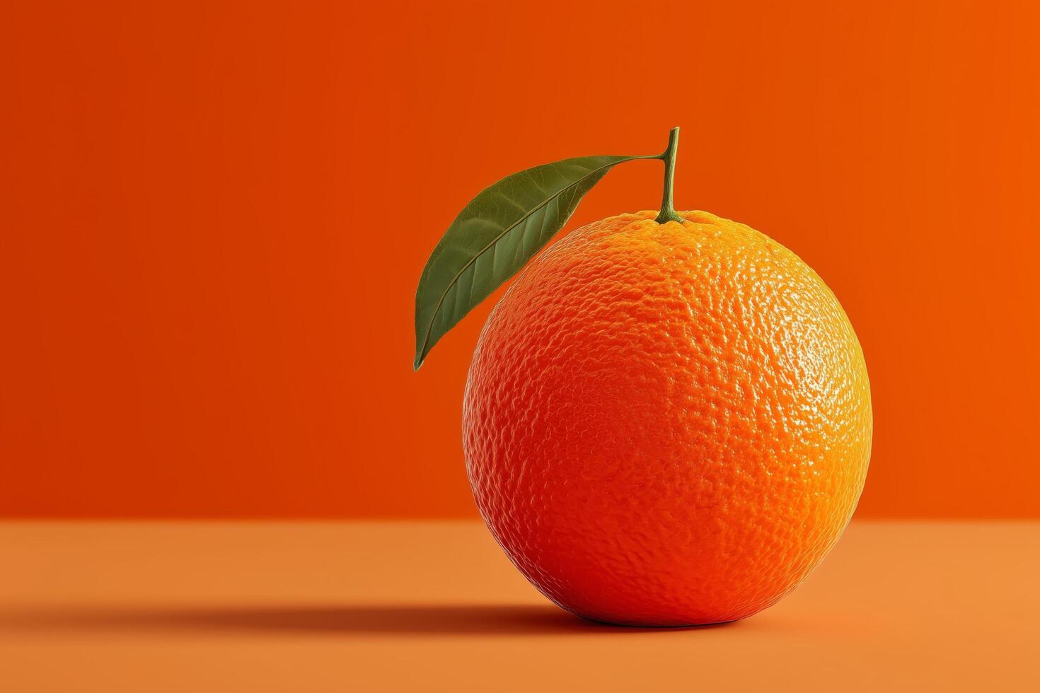 An orange is shown on a table with a leaf photo