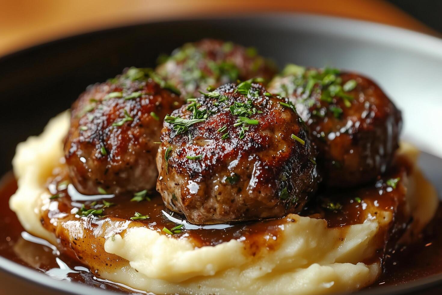 A plate of meatballs with gravy and mashed potatoes photo