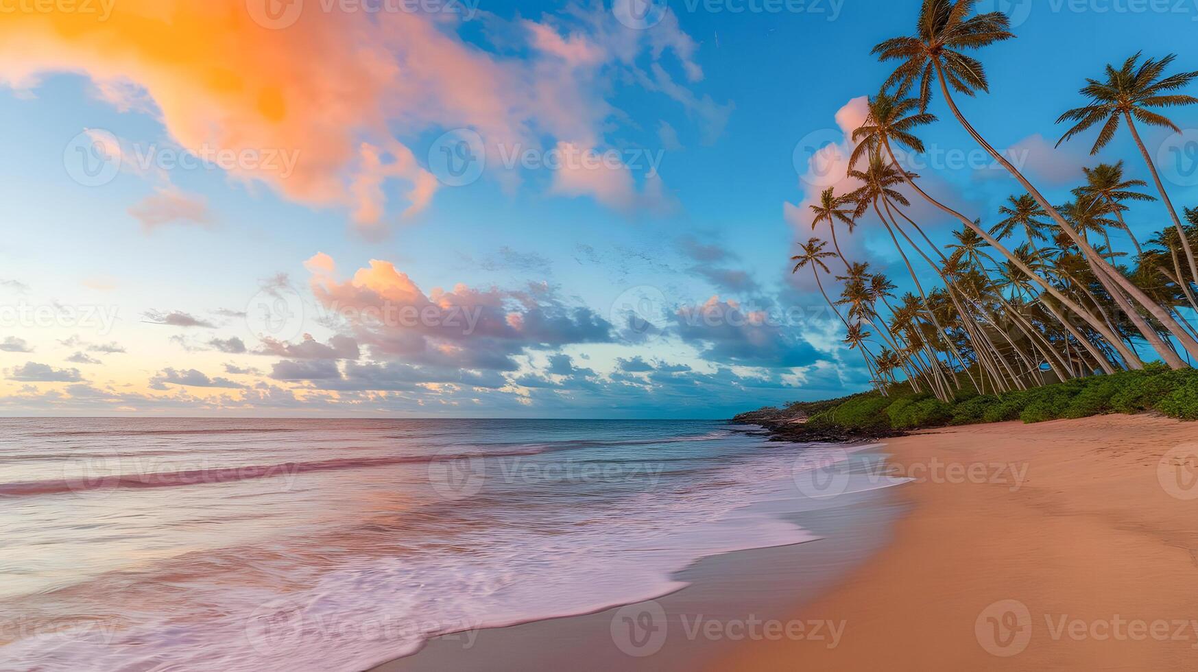 A beautiful beach with palm trees, a sunset photo
