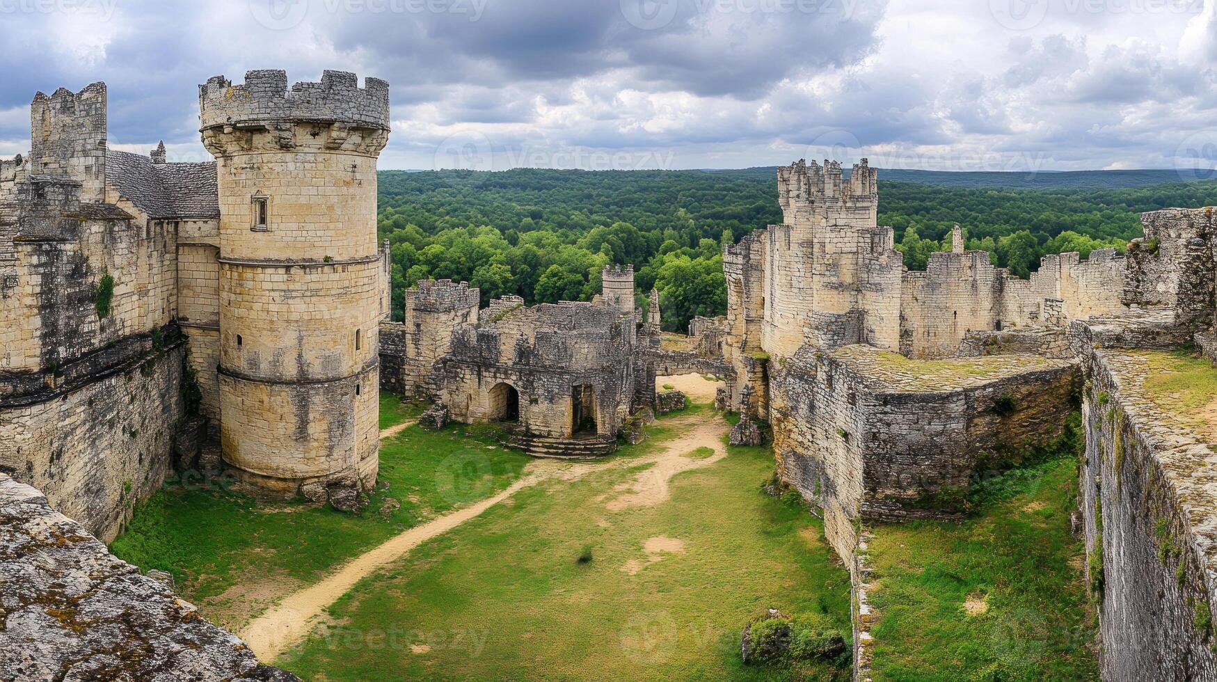 Aerial View of Ancient Castle Ruins Stone Walls and Green Courtyard photo