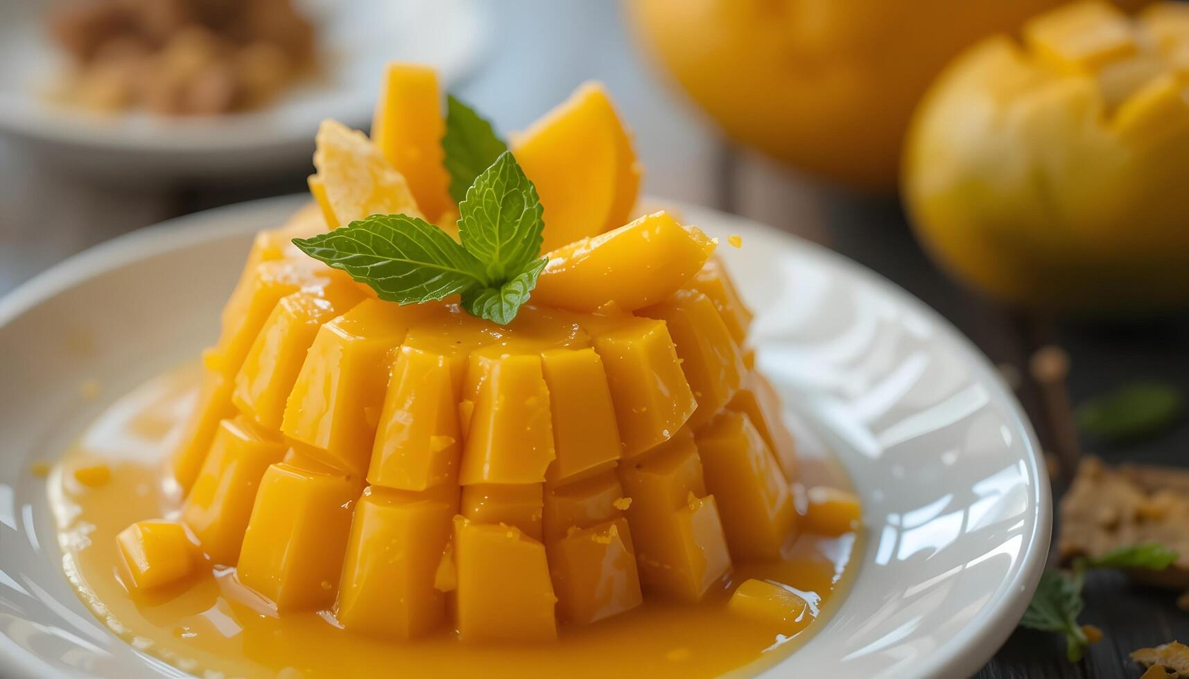 mango pudding with mint leaves photo