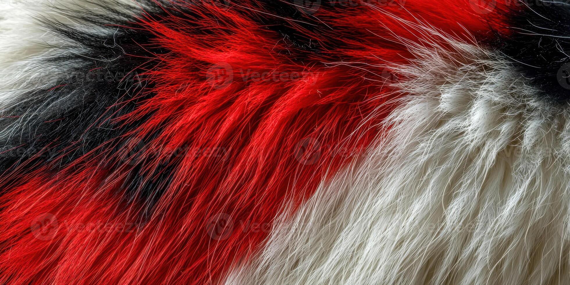 A close up of a red, white and black fur photo
