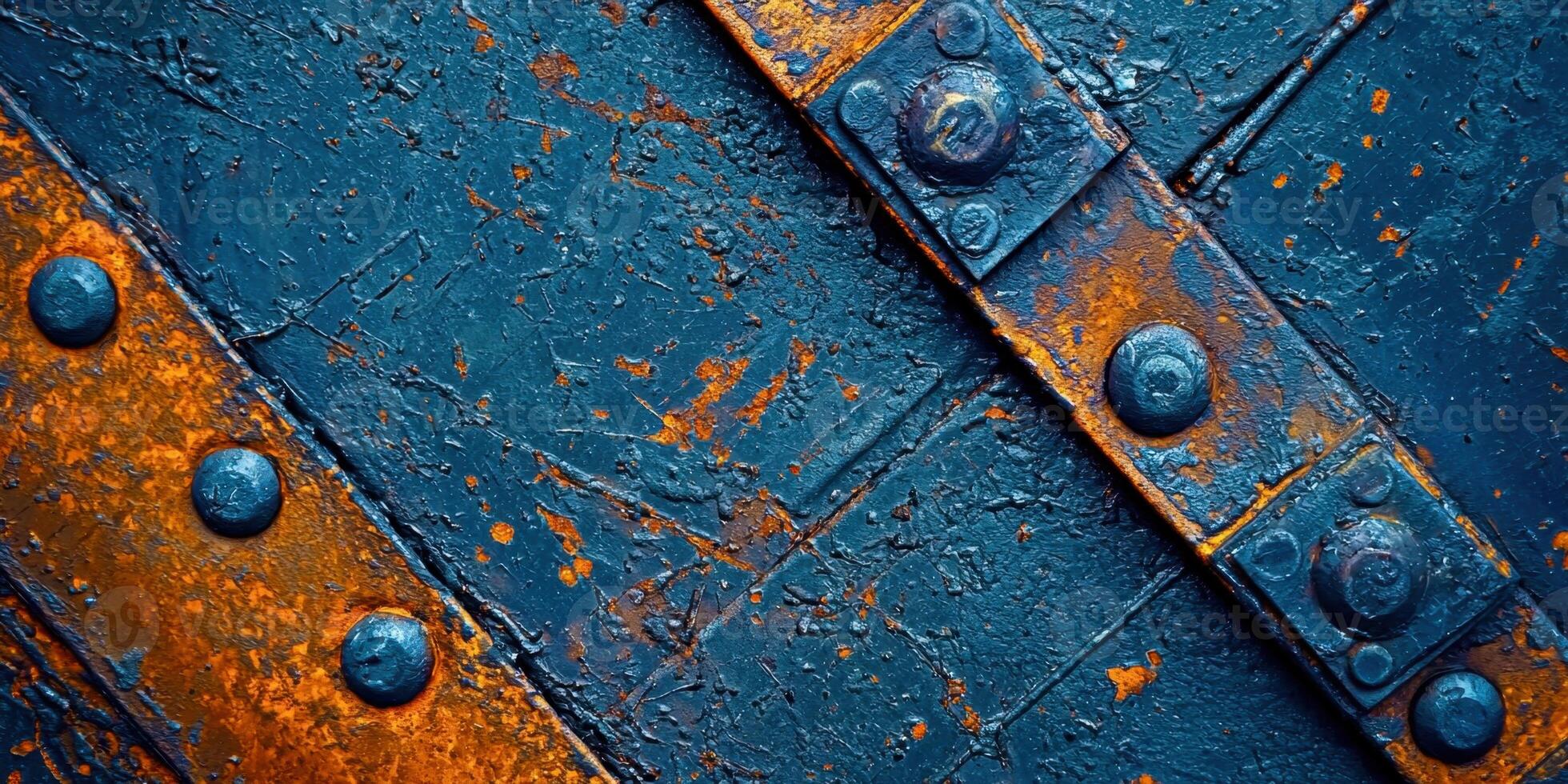 Rusty metal with rivets on a blue background photo