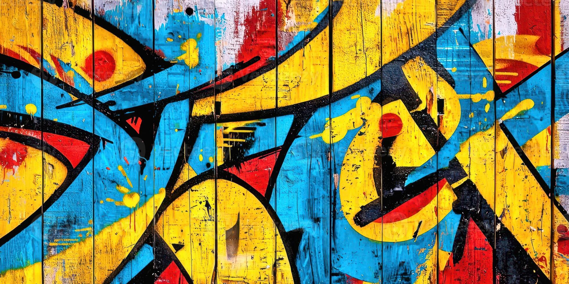 A colorful graffiti wall with a blue, yellow and red design photo