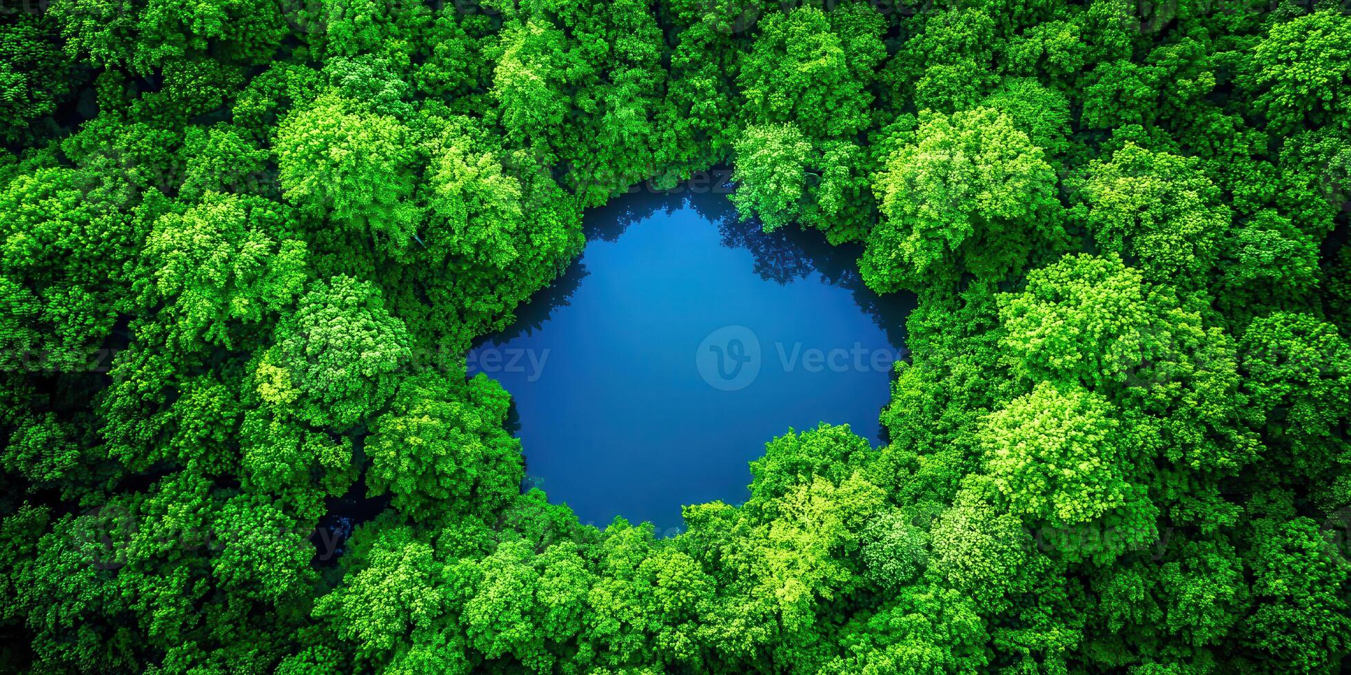 An aerial view of a blue lake surrounded by green trees photo