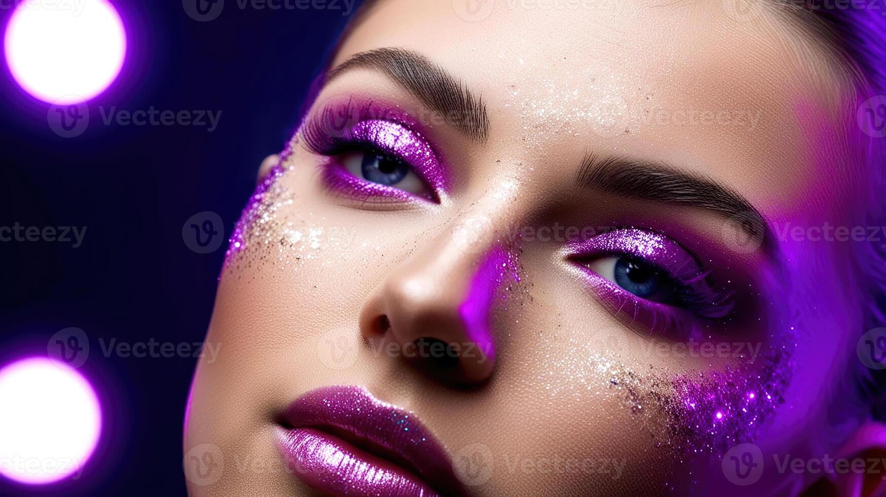 Beautiful woman with purple makeup and glitter photo
