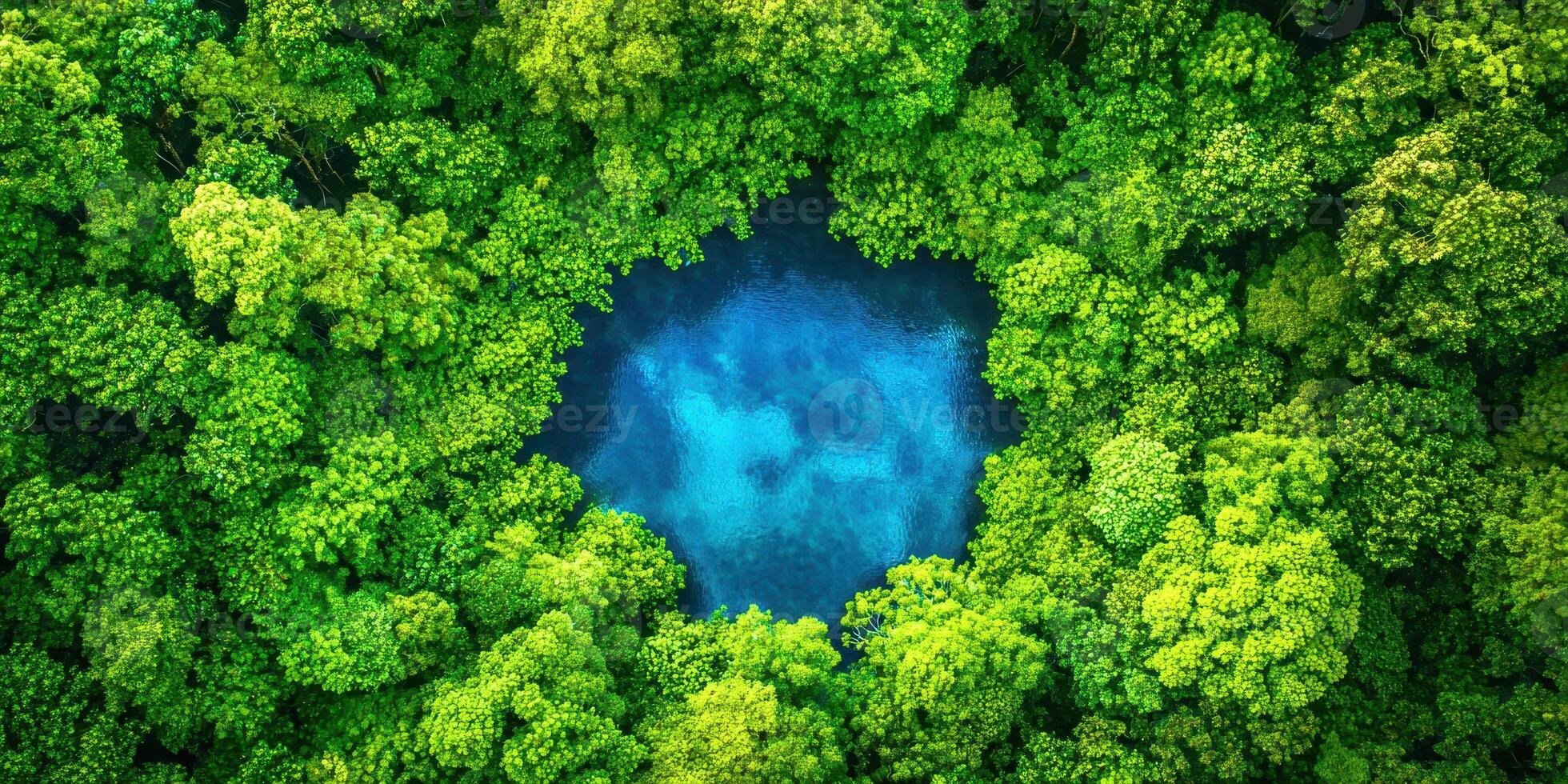 Top view of a blue pool in the middle of a green forest photo