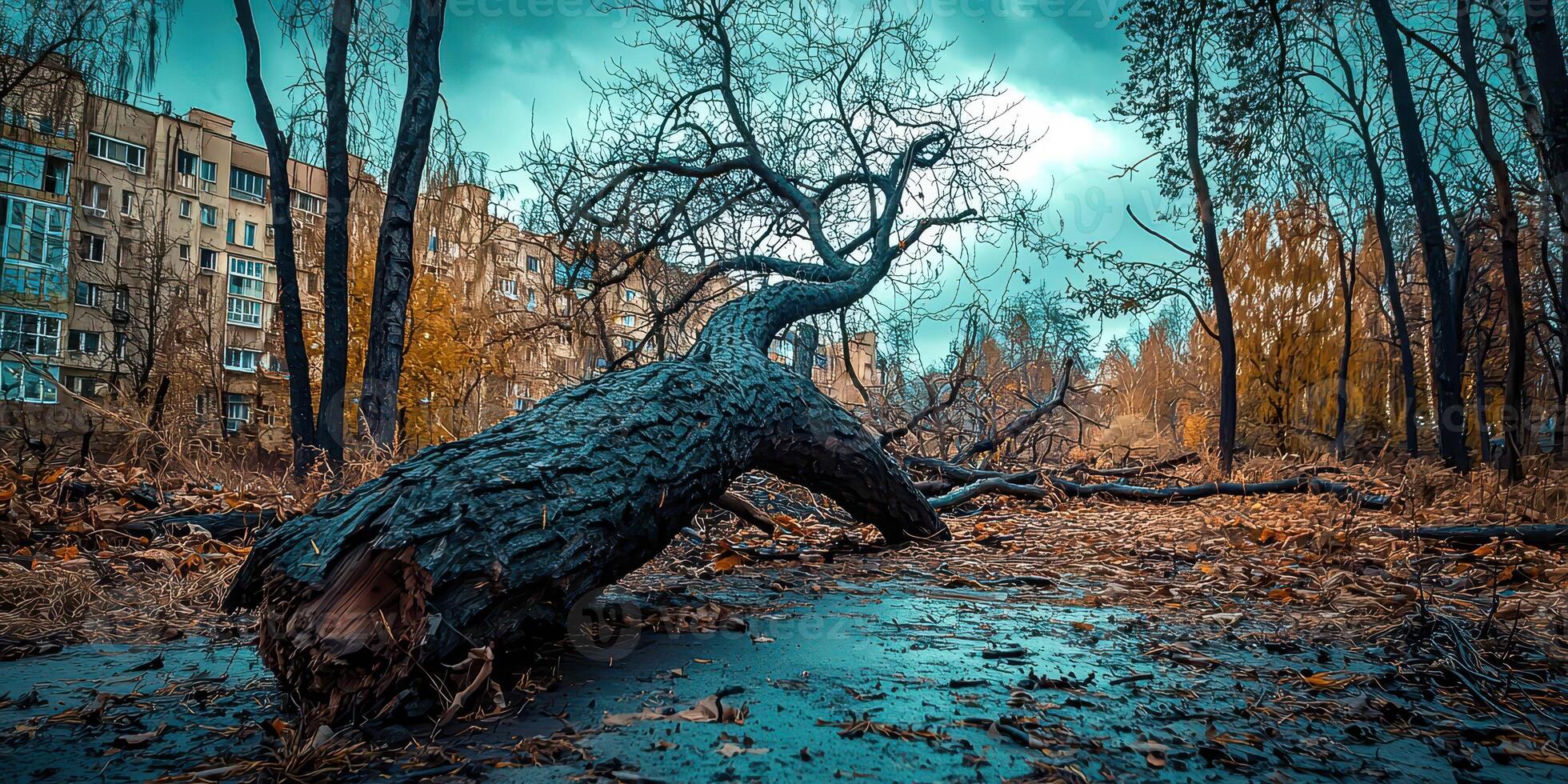 A fallen tree in the middle of a forest photo
