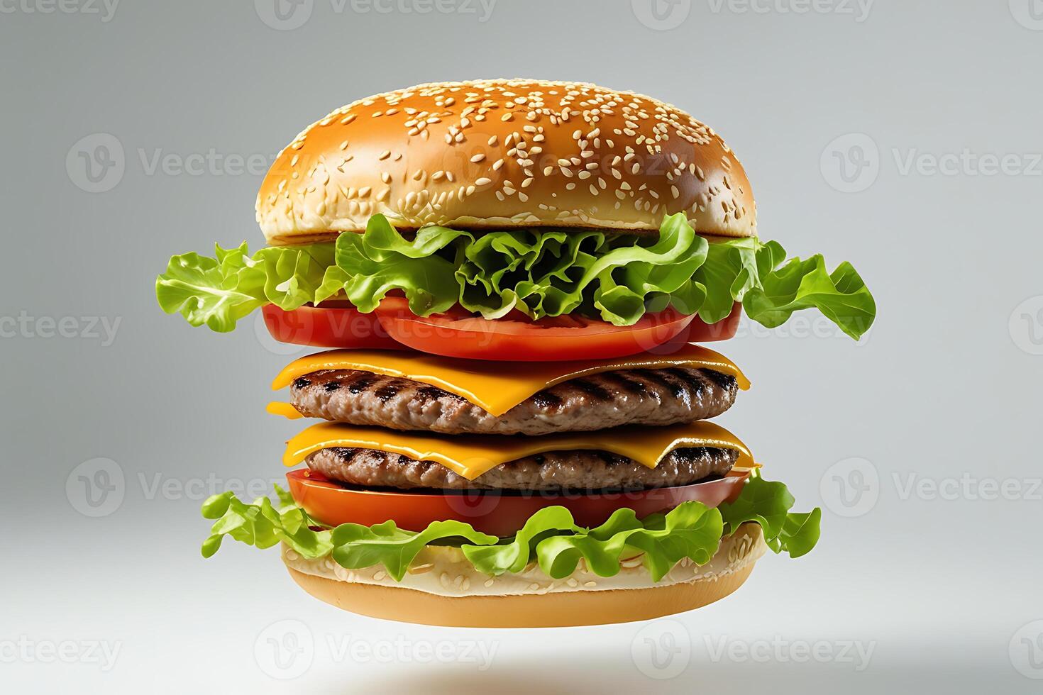 Floating burger, exploded view, sesame seed bun, fresh lettuce, juicy tomato slices, grilled beef patties, melted cheese, white background, high-resolution, product photography, appetizing, fast food, photo