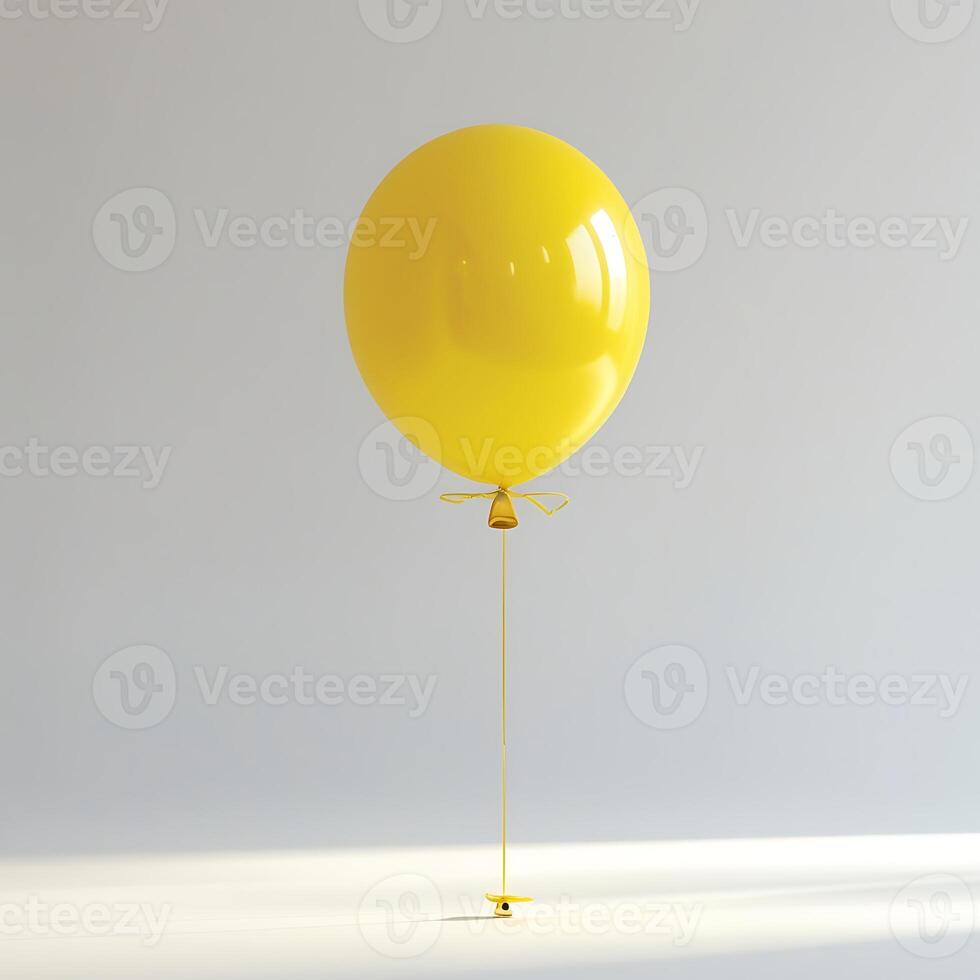 Yellow balloon, minimalist, single object, bright color, light reflection, thin string, white background, studio photography, clean aesthetic, simplicity, celebration, festive, inflated, helium, float photo