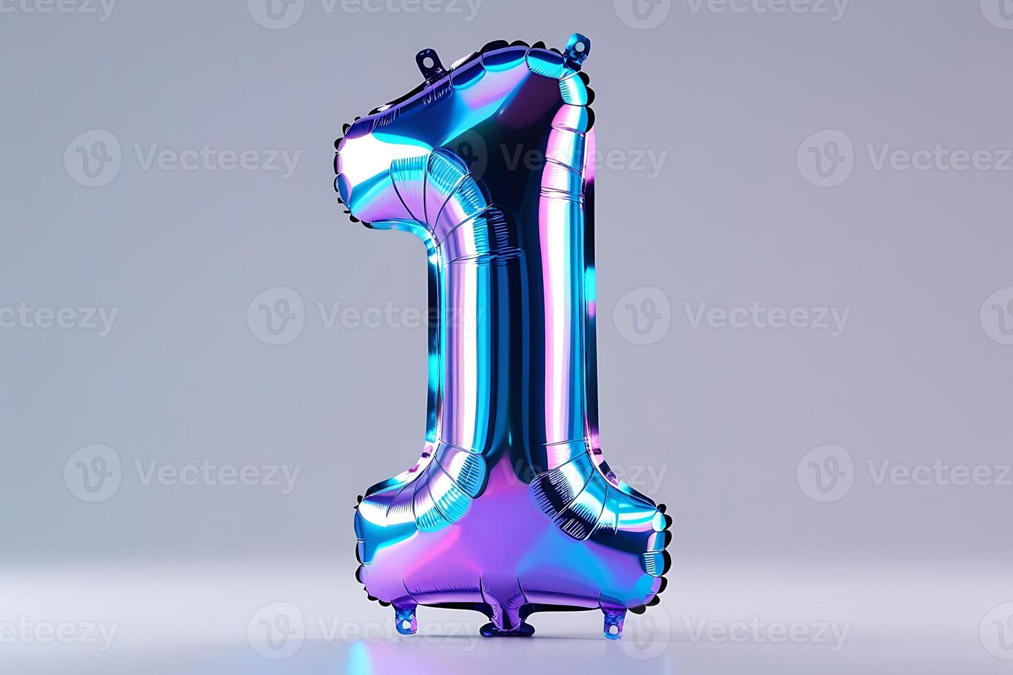Metallic balloon number 1 holographic foil texture, iridescent colors, blue and purple gradient, reflective surface, party decoration, floating digit, shiny material, celebration theme, photo