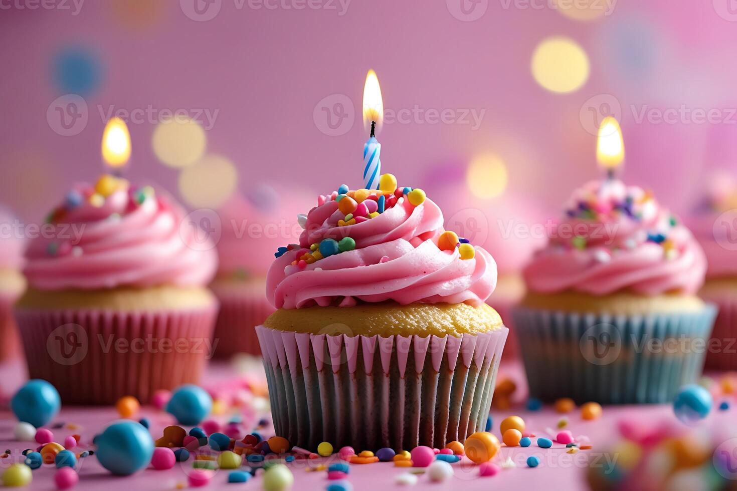 Celebrate with a vibrant cupcake topped with a glowing candle, surrounded by a sprinkle of birthday joy at night. Vibrant birthday cupcake with pink frosting, blue drizzle, and colorful photo