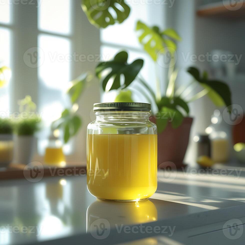 Glass jar of yellow liquid, kitchen counter, soft natural light, houseplant in background, blurred domestic interior, minimalist aesthetic, clean lines, bright and airy, home cooking, artisanal preser photo