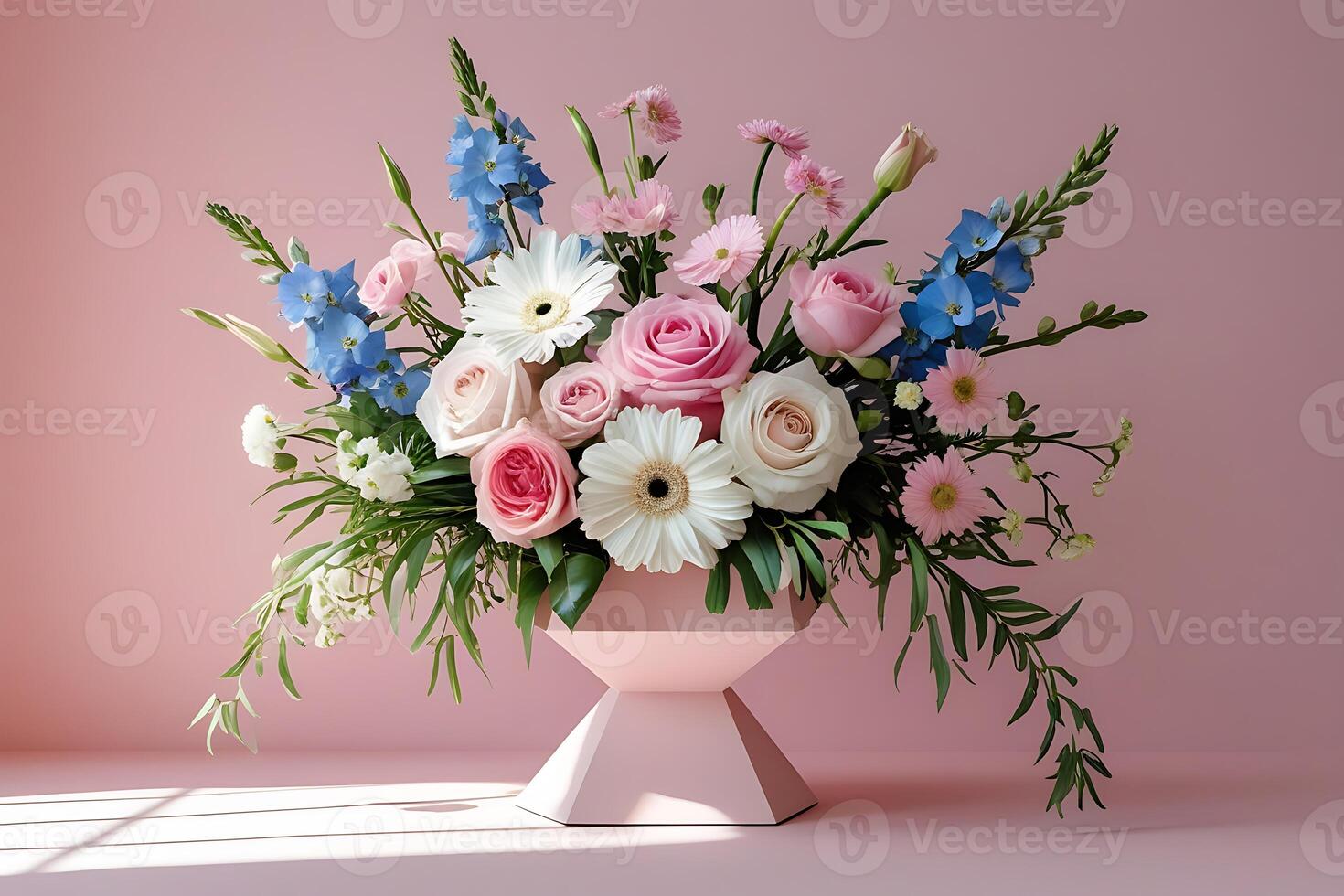 Elegant floral arrangement, pink and white flowers, roses, daisies, delphinium, pastel pink background, geometric pedestal, soft lighting, studio photography, shadows photo