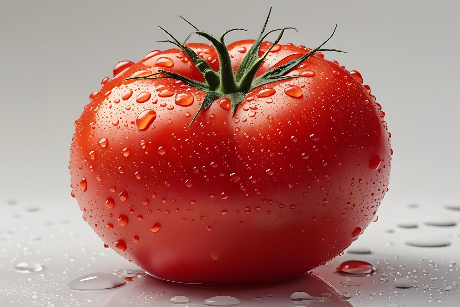Fresh ripe tomato, water droplets, vibrant red, green stem, macro photography, white background, high detail, hyperrealistic, studio lighting, commercial food photography, crisp focus, 8K resolution, photo