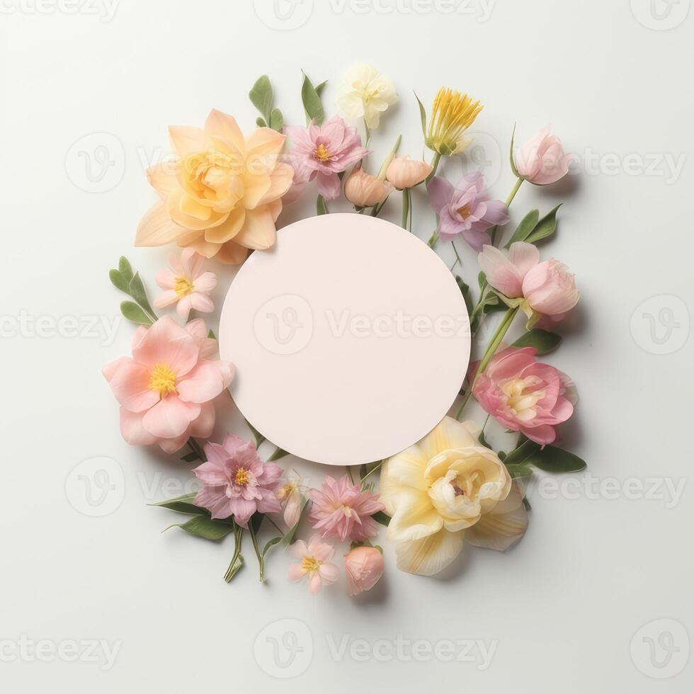 Flowers are arranged in a circle with a white center photo