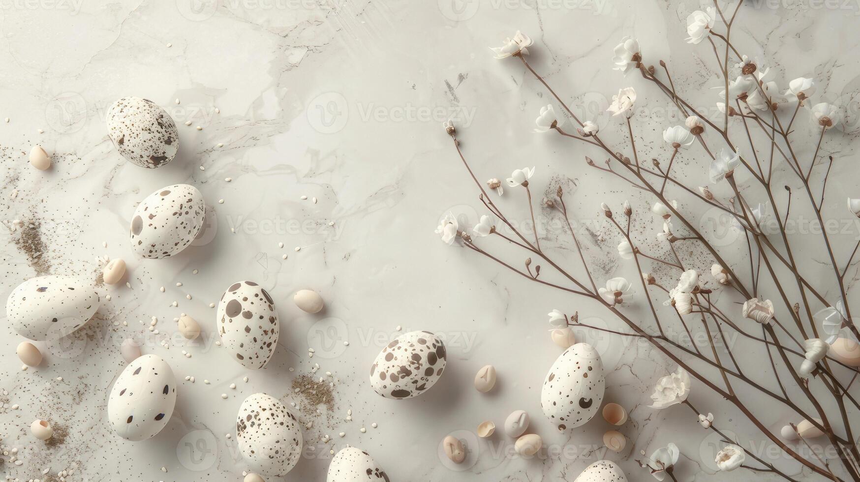 Brightly colored Easter eggs and vibrant flowers displayed on a white surface photo