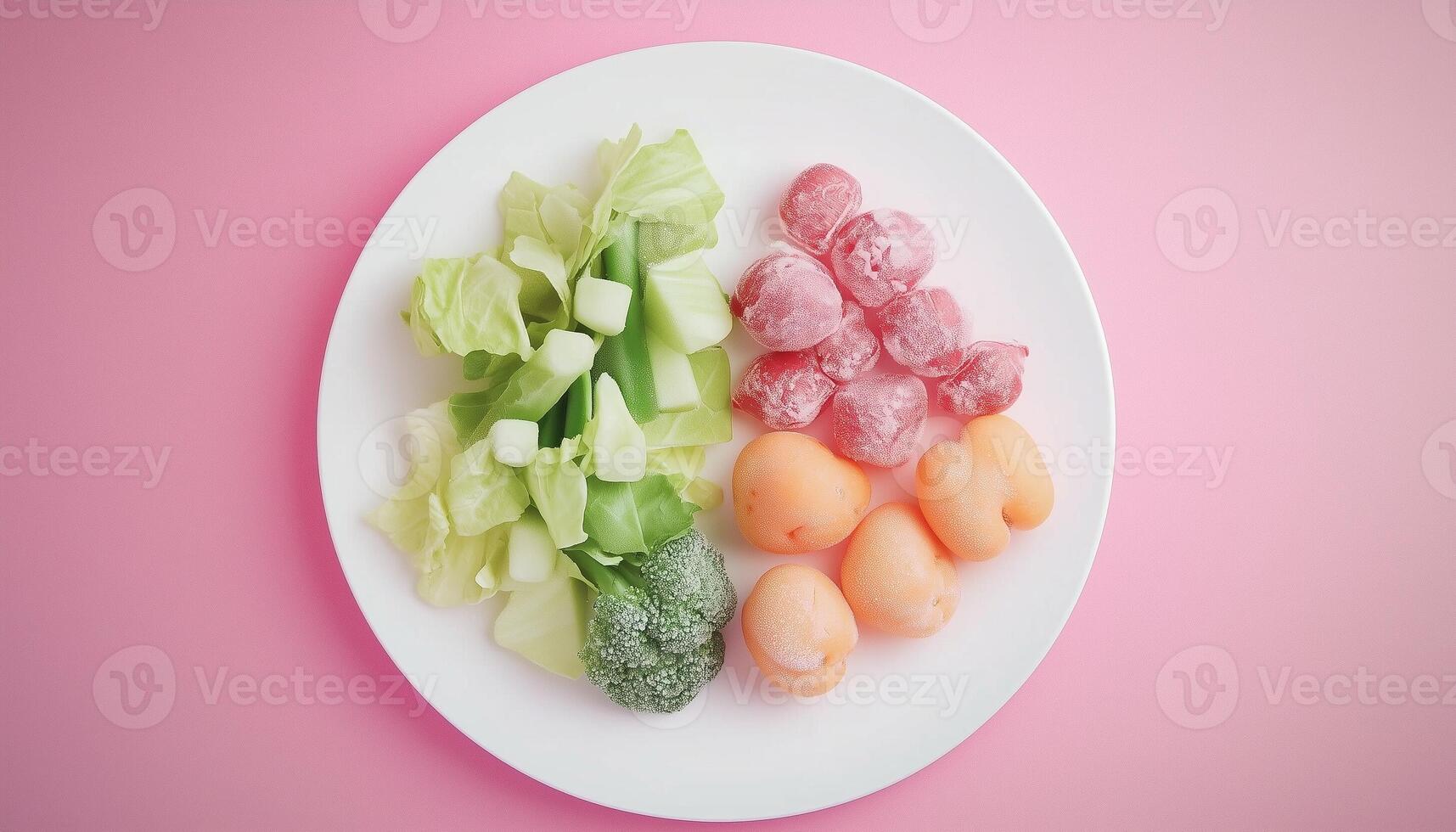 Vegetable broccoli, tomato, carrot slices, on white plate on winter for real food healthy lifestyle photo