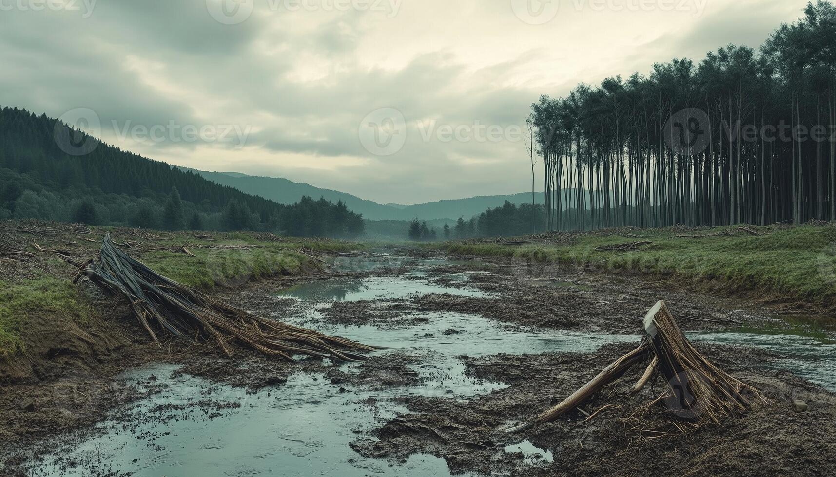 River running through in forest with wooden and soil photo