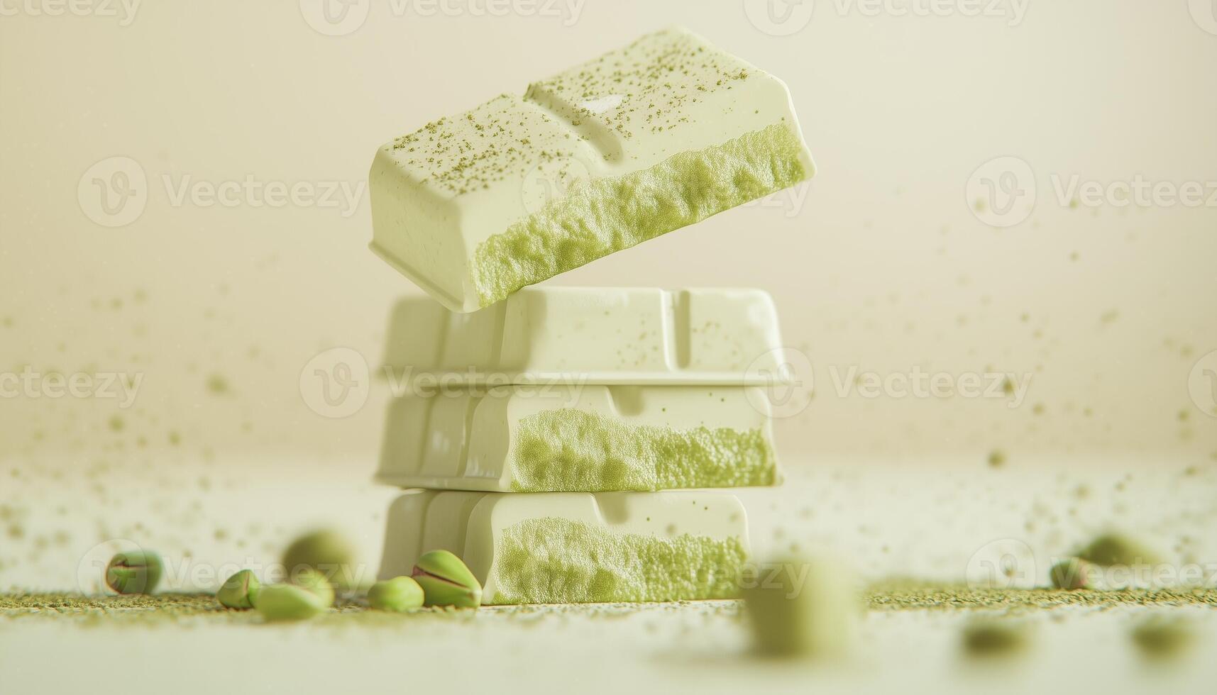 Matcha pistachio nut chocolate bar cube stack for sweet snack photo
