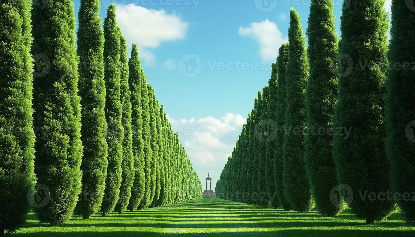 Line pathway arranged towering green pine in side with blue sky photo