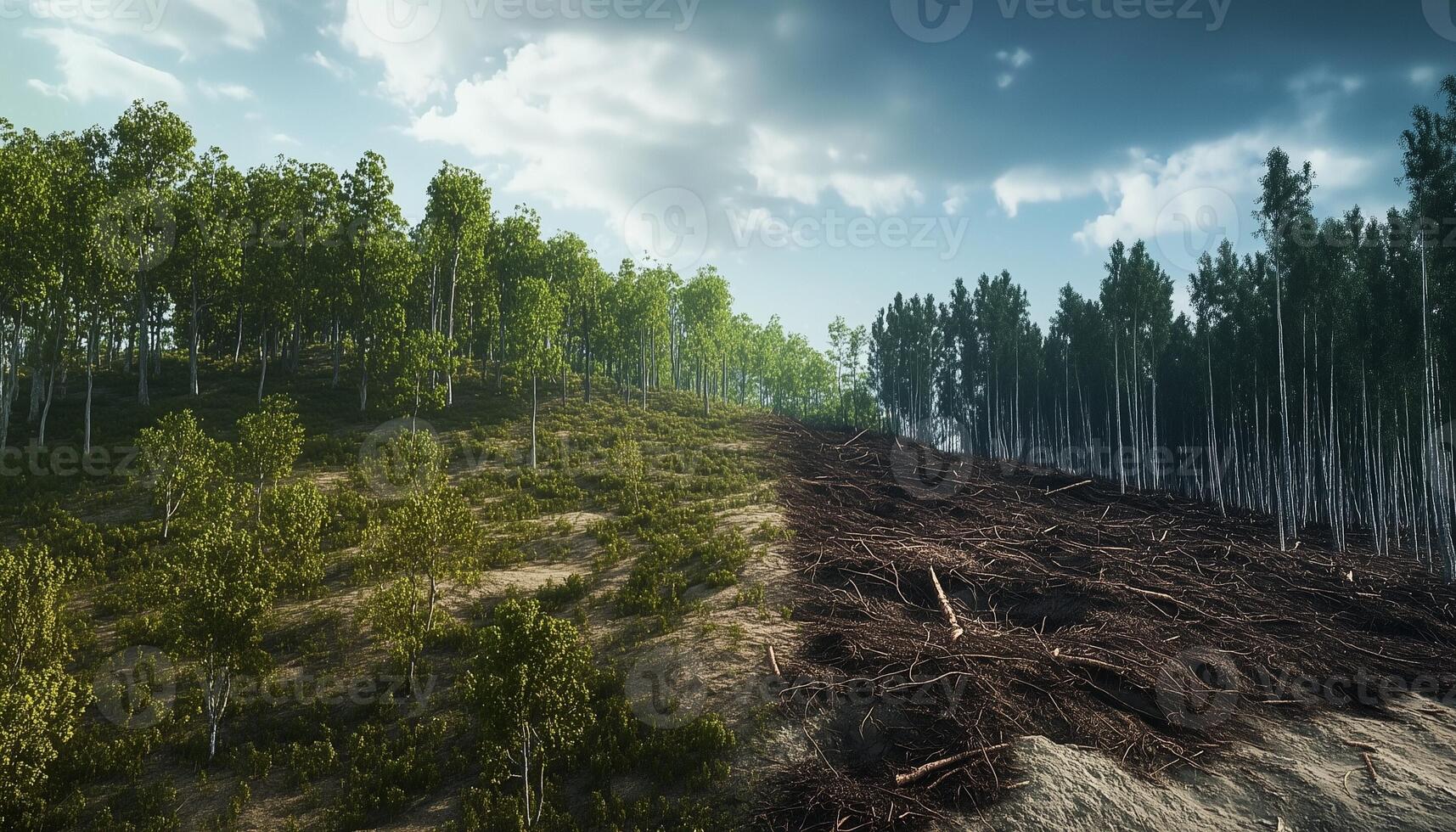 A side lush forest and bare forest comparison photo