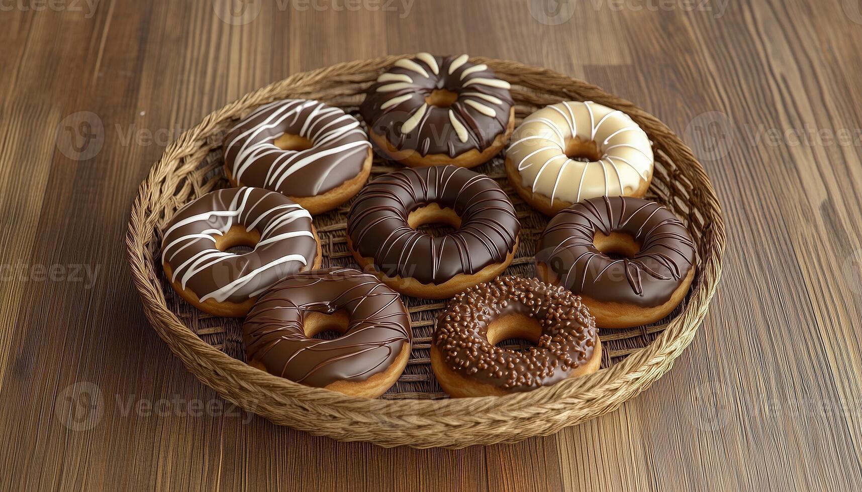 Donut chocolate topping on rattan basket sweet snack food homemade photo