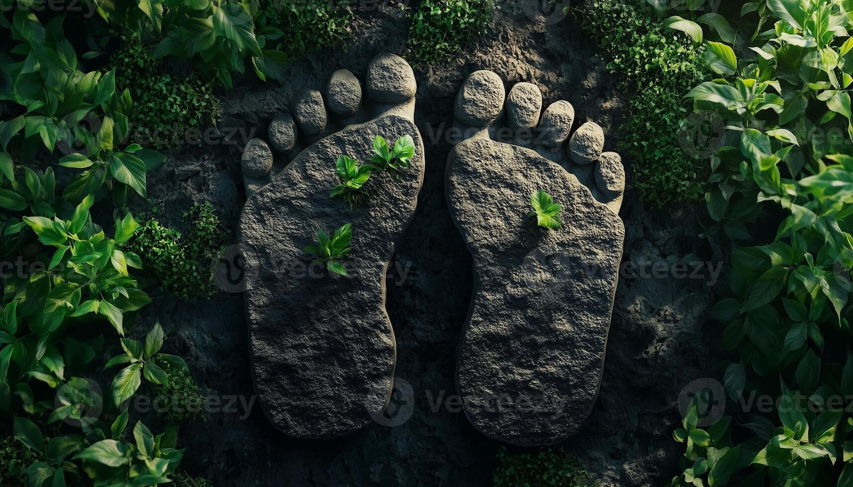 Carbon footprint on soil and leaves plant flat lay view for nature conservation theme photo