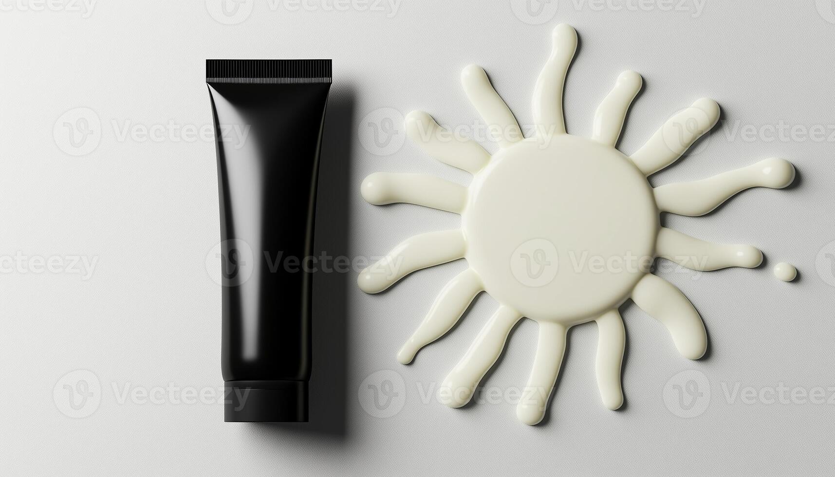 Black plastic tub sunscreen with sun decoration cream on white background photo