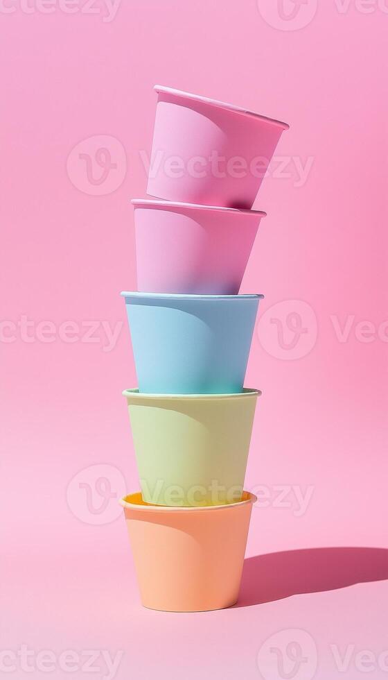 Plastic cup stack drink water container for party and simple event in vertical background photo