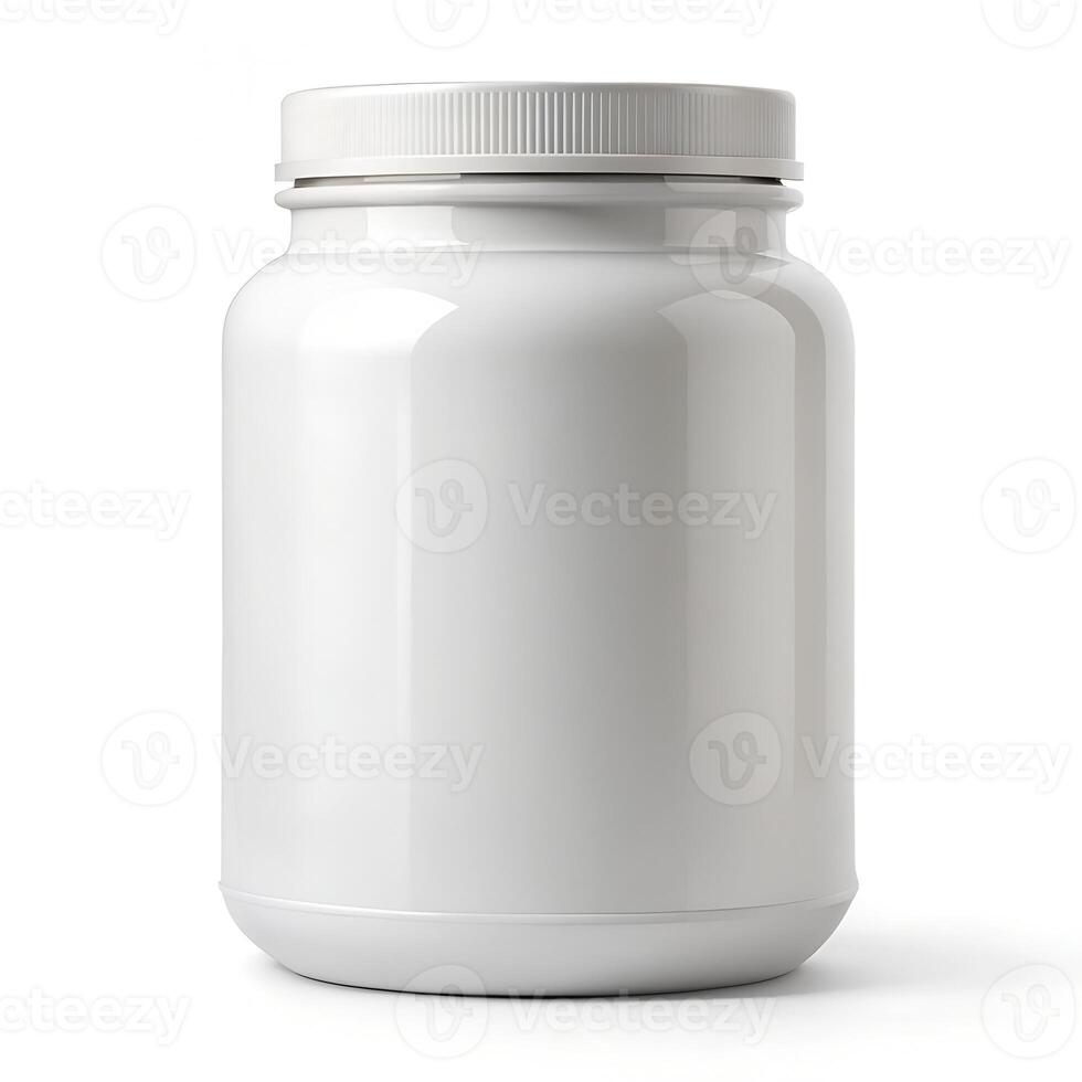 Empty glass jar with white plastic lid isolated on white background. File contains clipping path. Full depth of field. photo