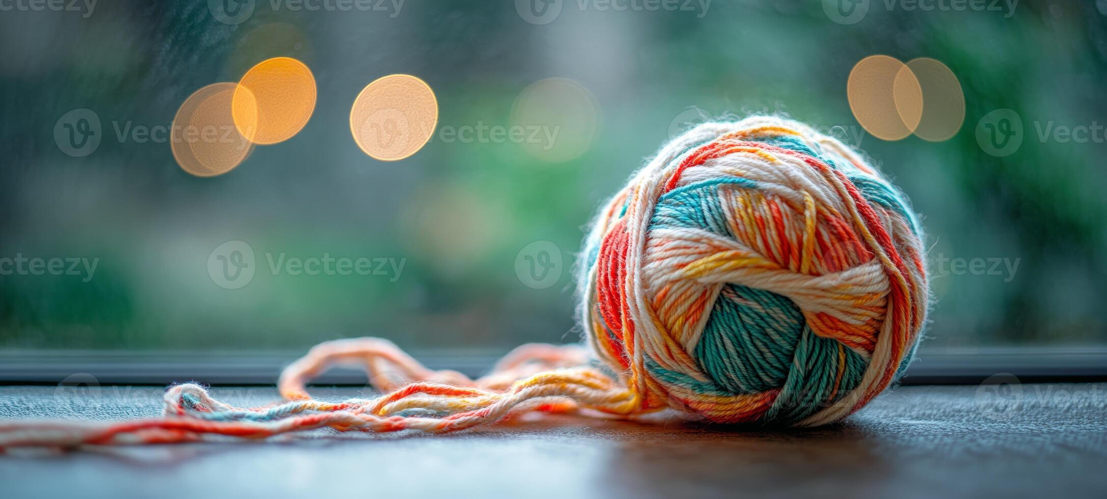 A ball of yarn sitting on a table in front of a window photo