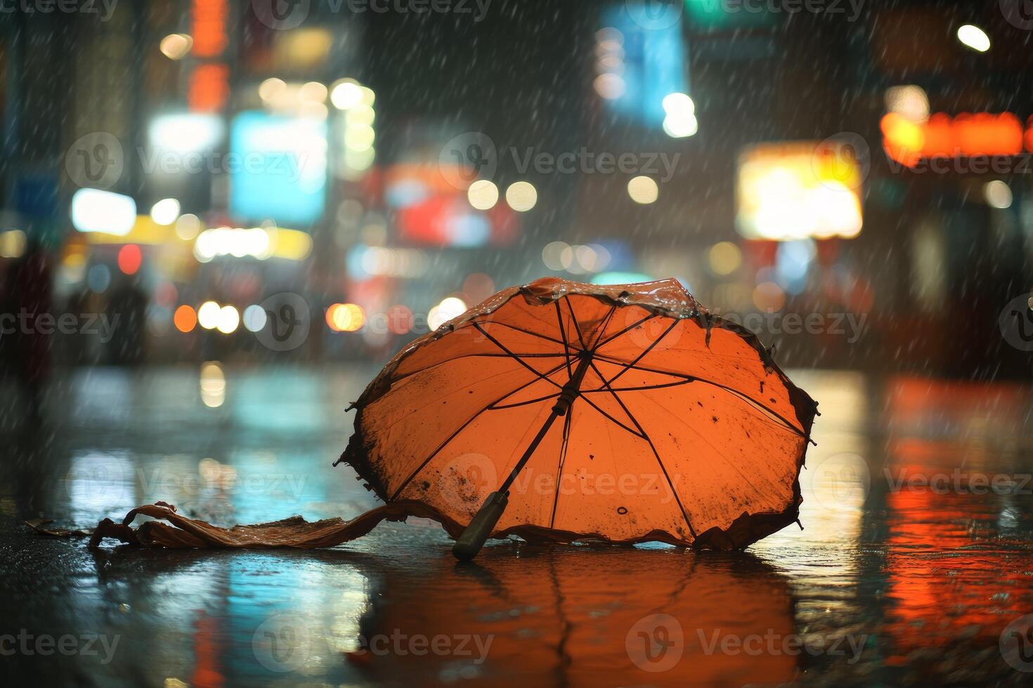 An umbrella laying on the ground in the rain photo