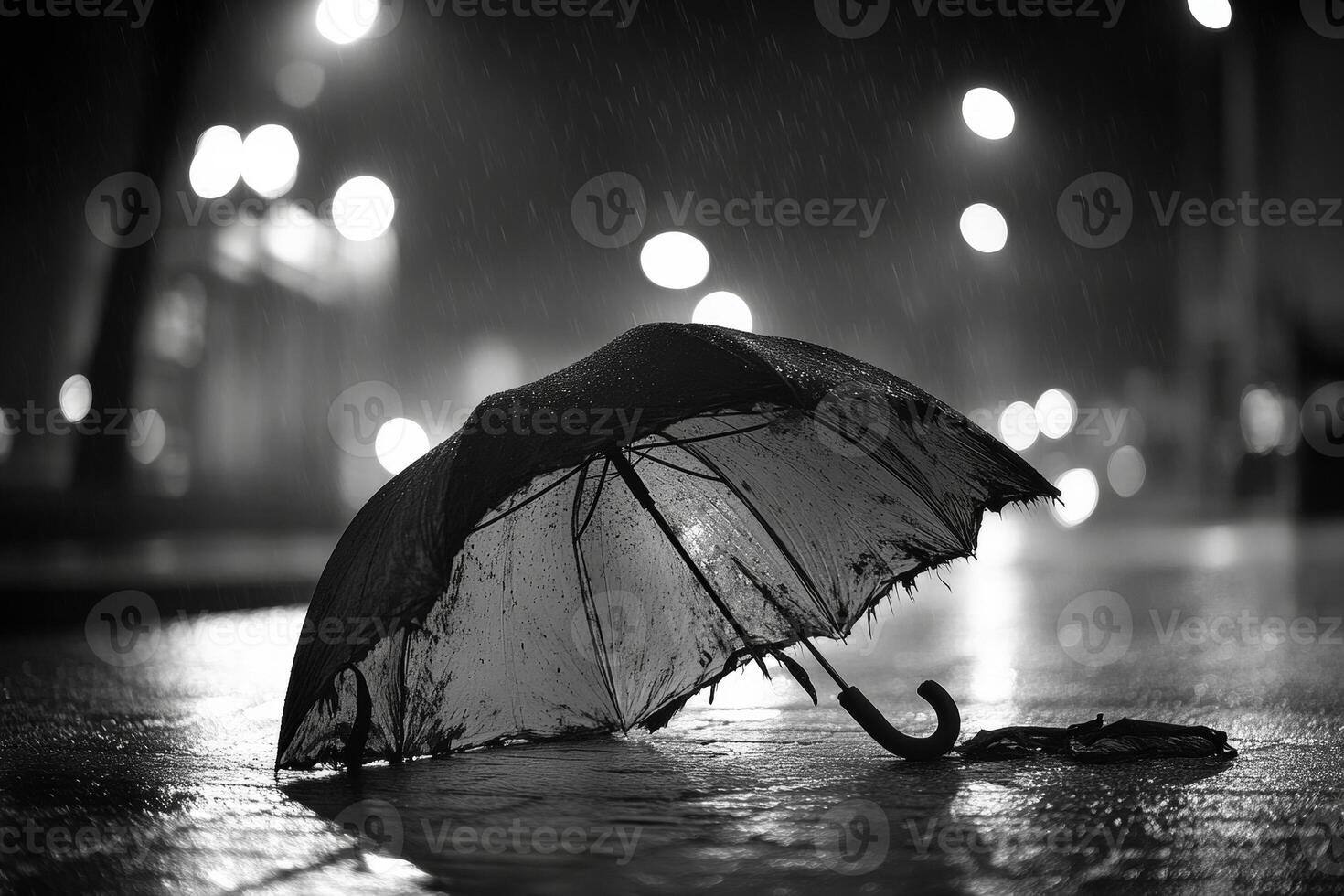 A black and white photo of an umbrella on the ground