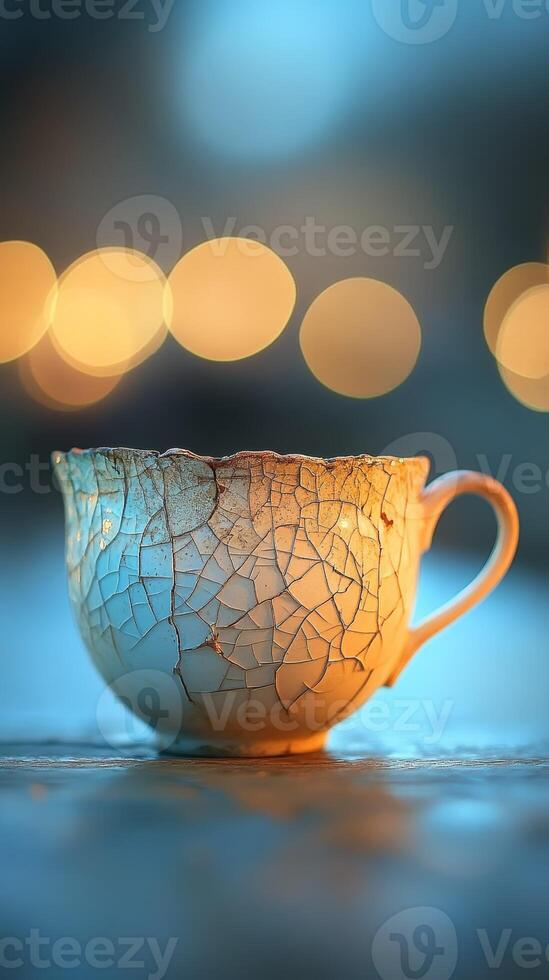 A cracked teacup on a table with blurred lights photo