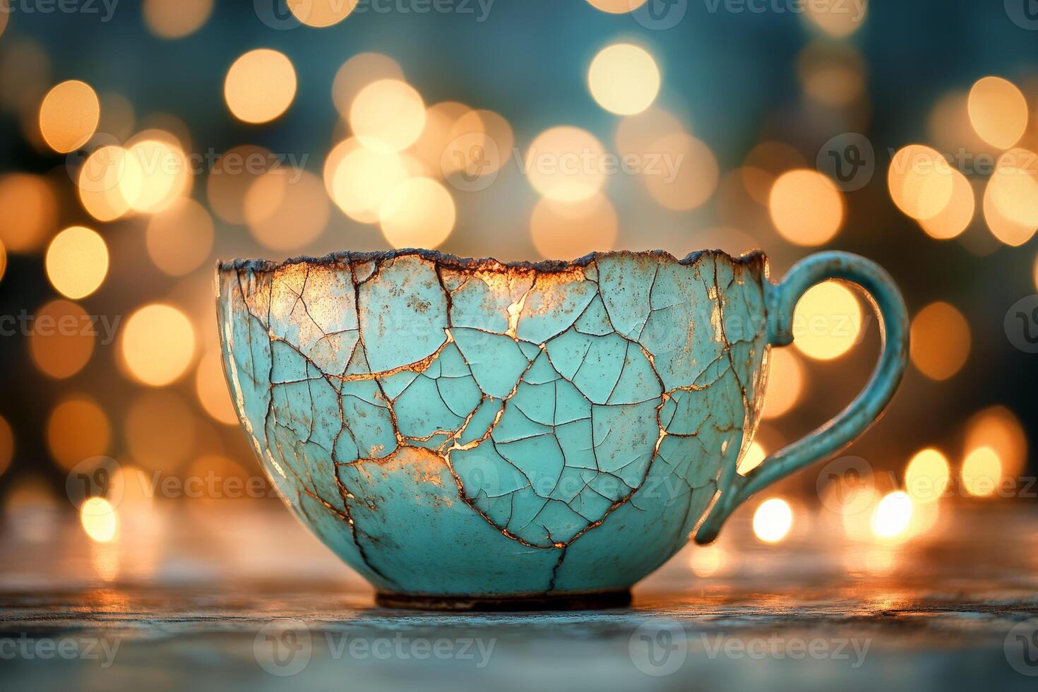 A cracked teacup on a table with lights behind it photo
