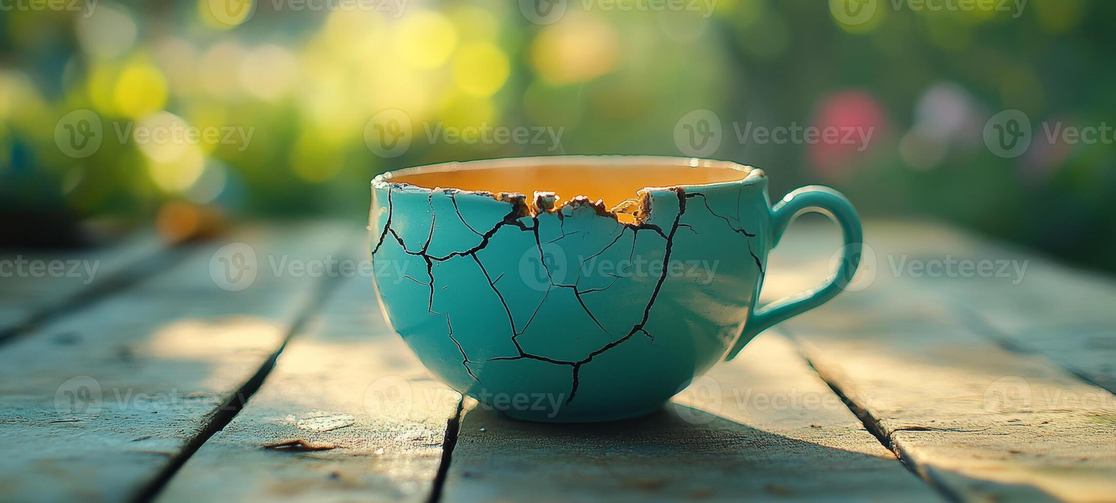 A cracked cup sits on a wooden table photo