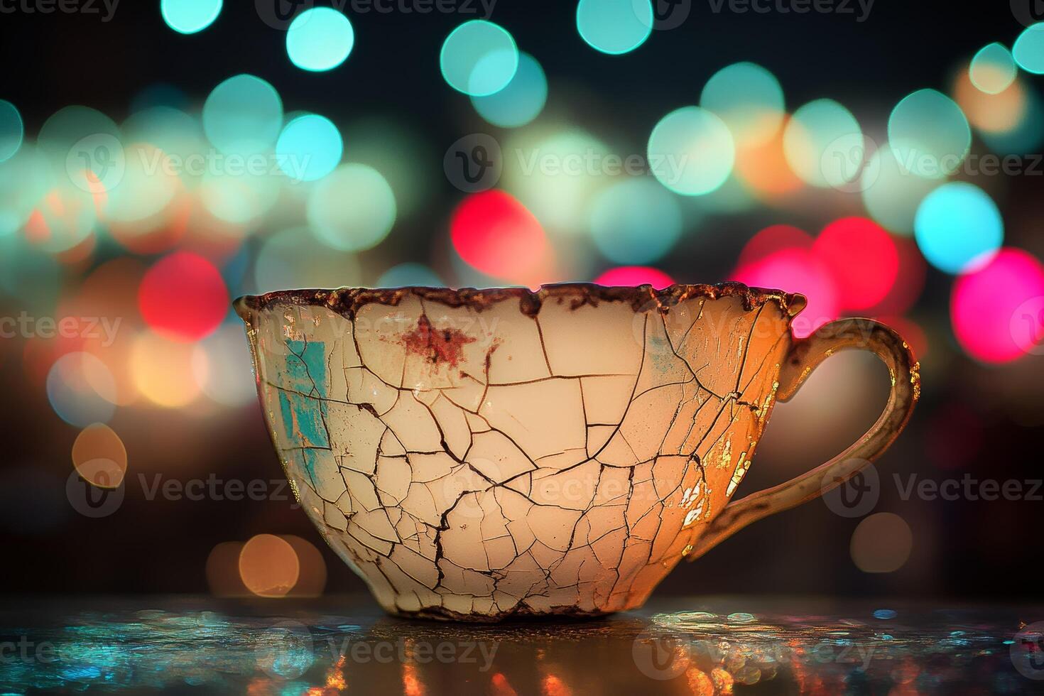 A cracked cup sitting on a table with lights in the background photo