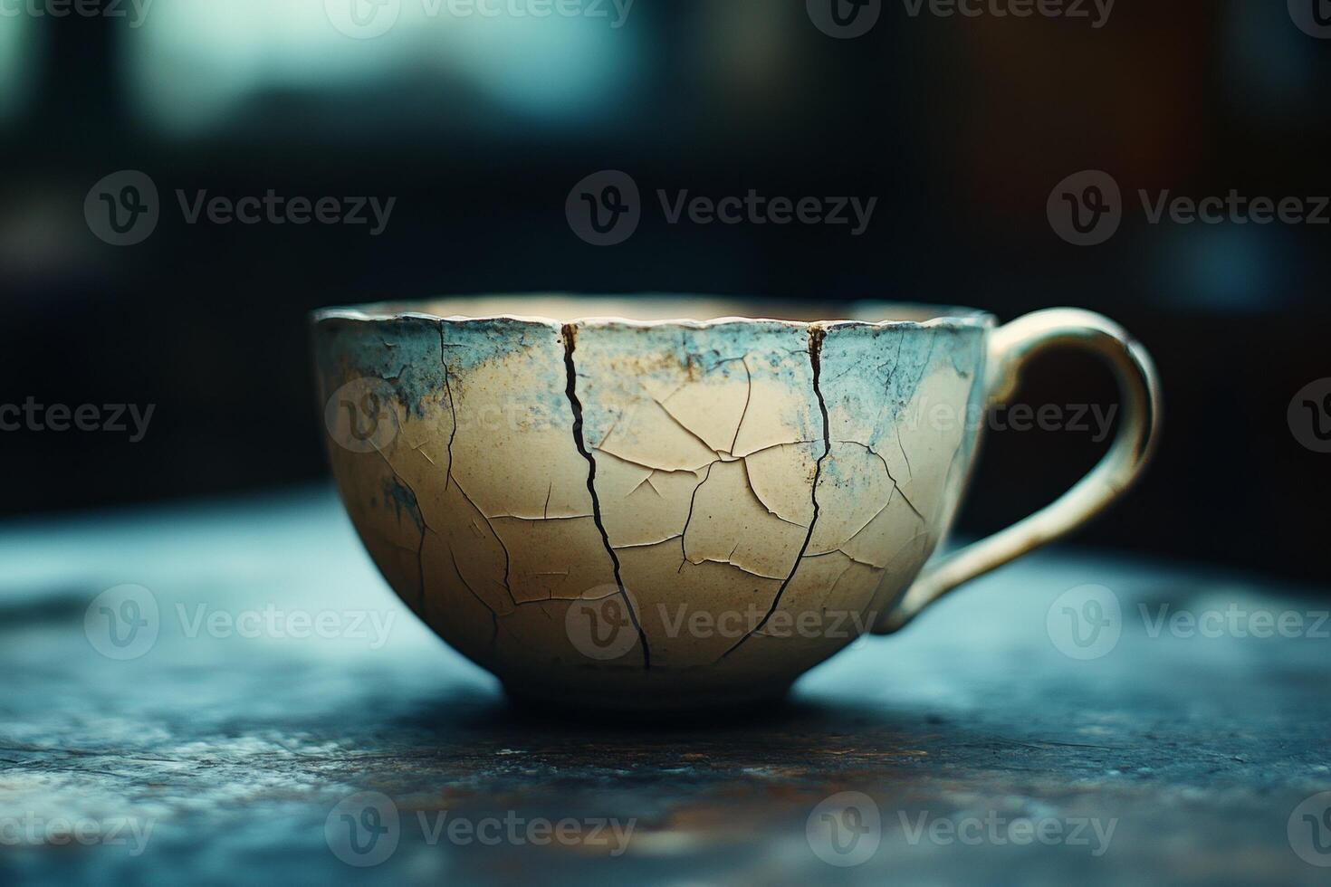 A cracked cup sitting on a table photo