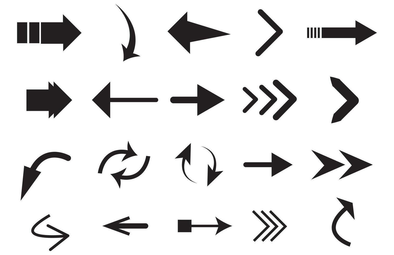 Set of black arrow icons. Various packaging symbols. Motion pointers. Site and player control buttons. vector