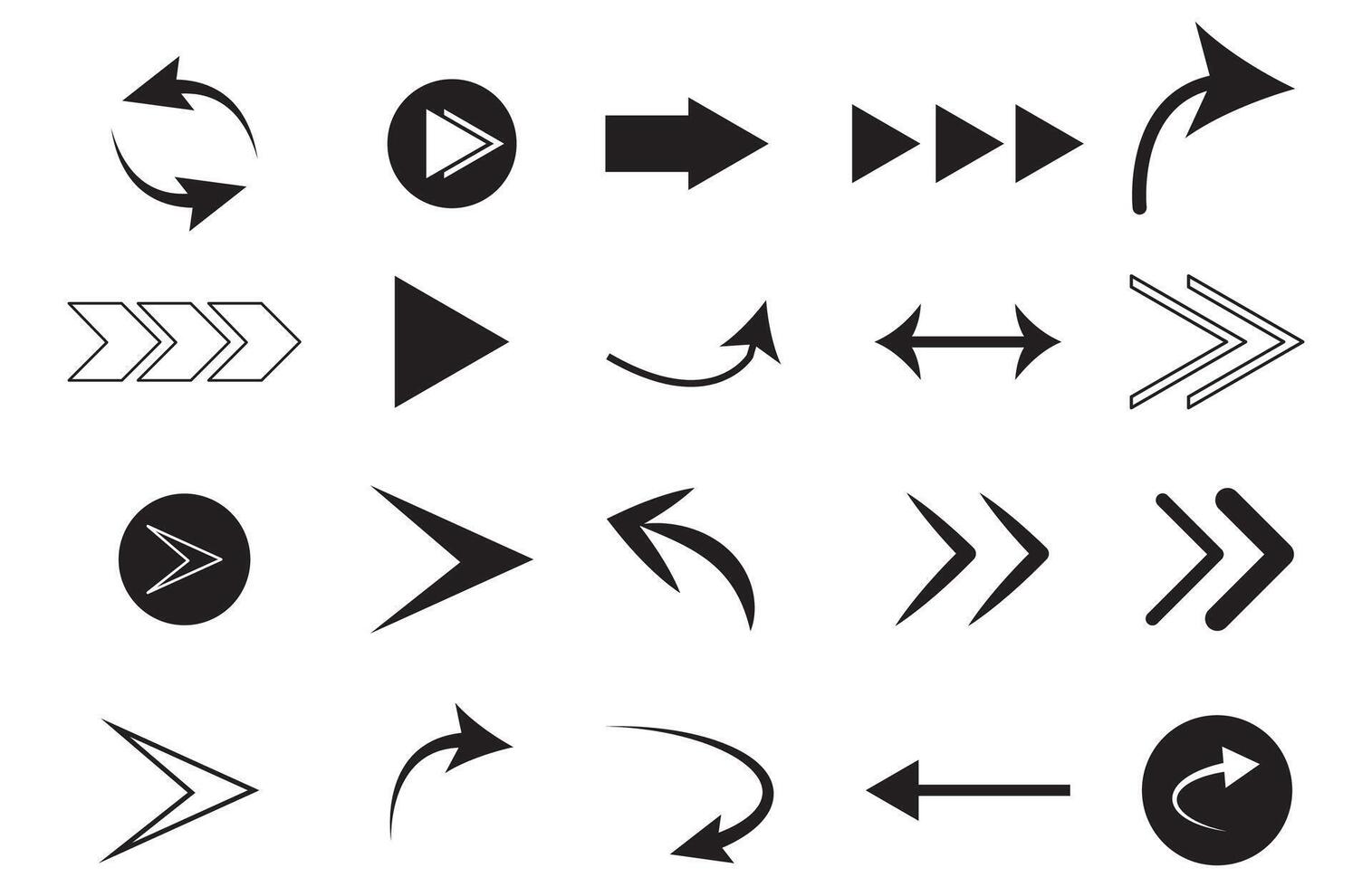 black arrow icons set, including geometric, dotted, and outlined styles for navigation, graphic design, and interface purposes vector